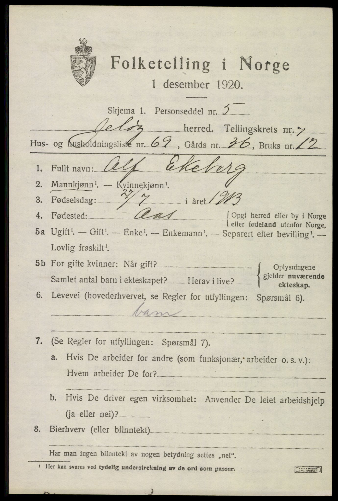 SAO, 1920 census for Moss land district, 1920, p. 8645