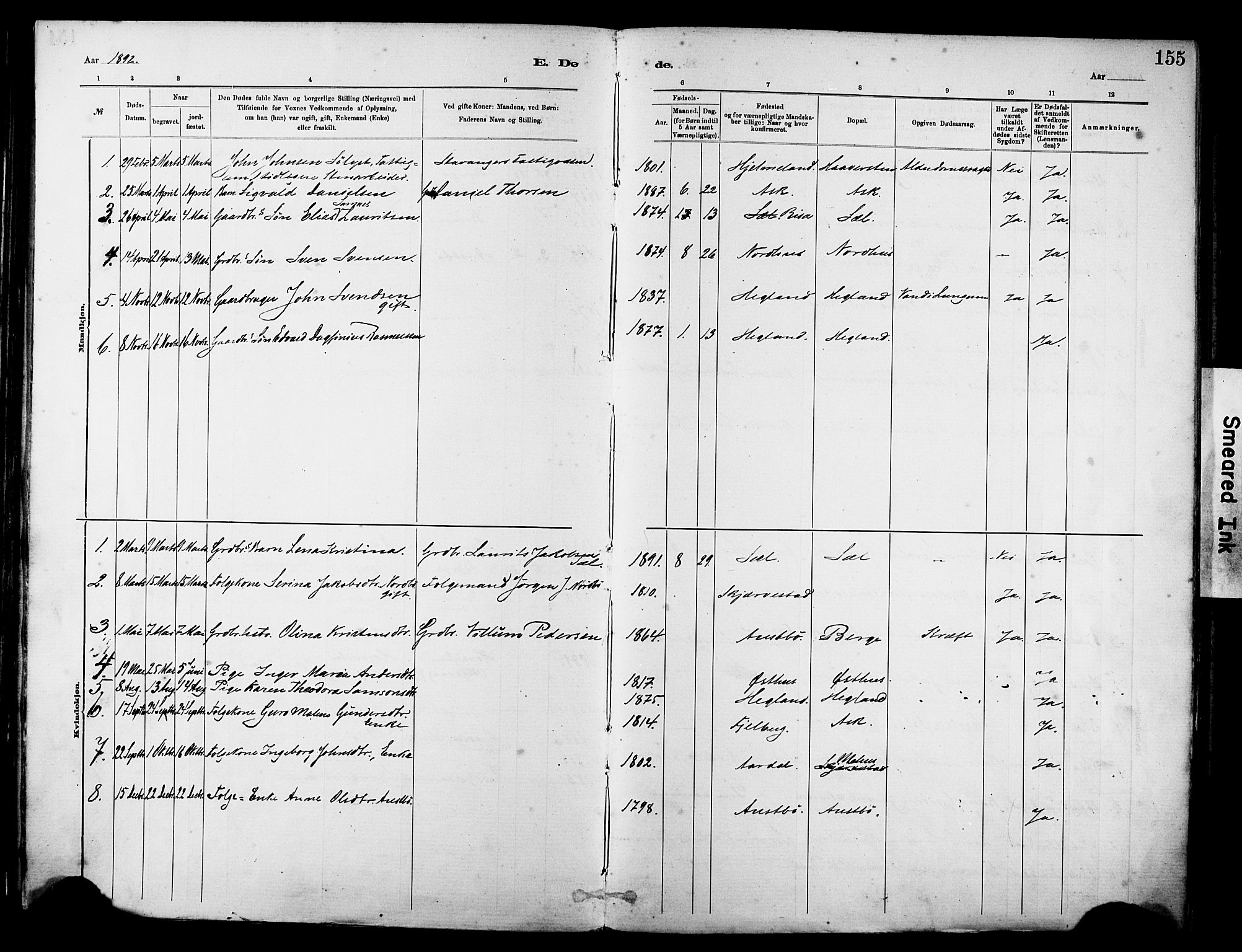 Rennesøy sokneprestkontor, SAST/A -101827/H/Ha/Haa/L0012: Parish register (official) no. A 13, 1885-1917, p. 155