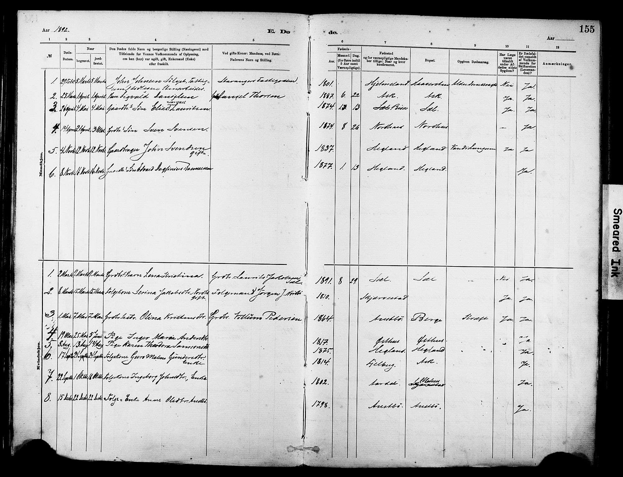 Rennesøy sokneprestkontor, AV/SAST-A -101827/H/Ha/Haa/L0012: Parish register (official) no. A 13, 1885-1917, p. 155