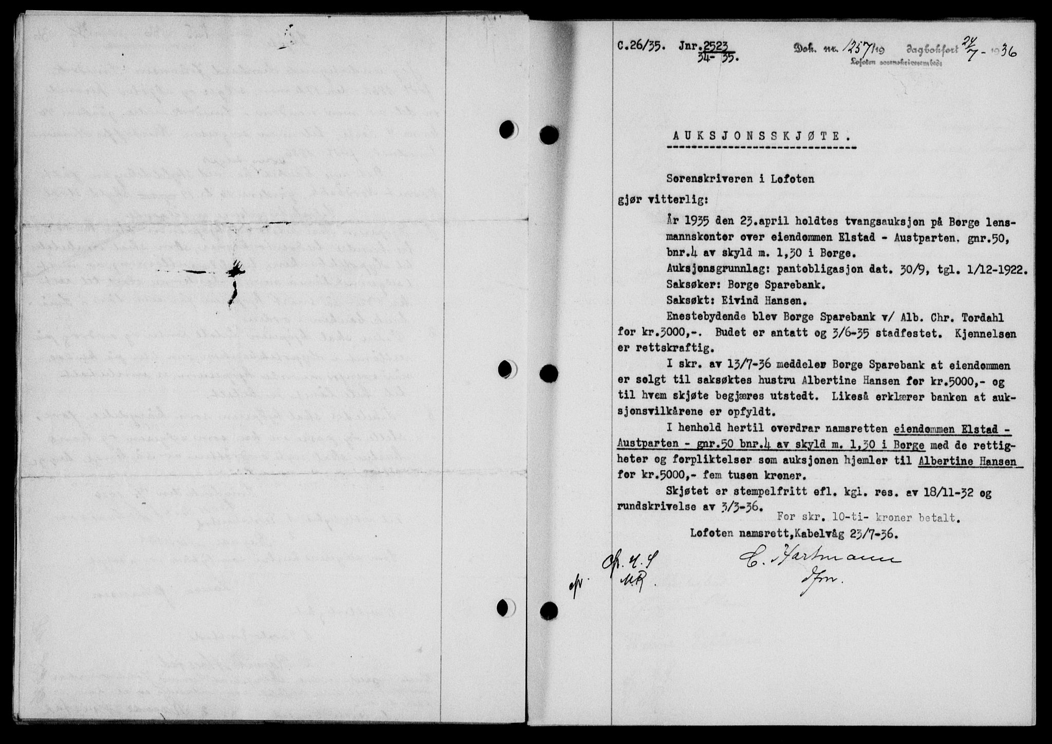 Lofoten sorenskriveri, SAT/A-0017/1/2/2C/L0001a: Mortgage book no. 1a, 1936-1937, Diary no: : 1257/1936
