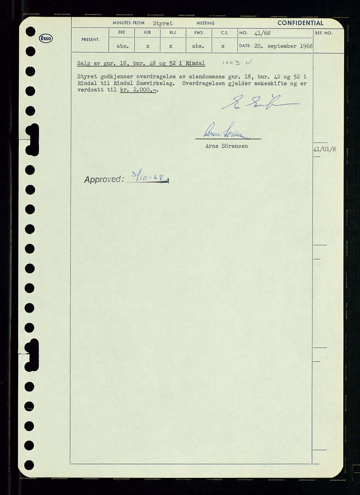 Pa 0982 - Esso Norge A/S, AV/SAST-A-100448/A/Aa/L0002/0004: Den administrerende direksjon Board minutes (styrereferater) / Den administrerende direksjon Board minutes (styrereferater), 1968, p. 63