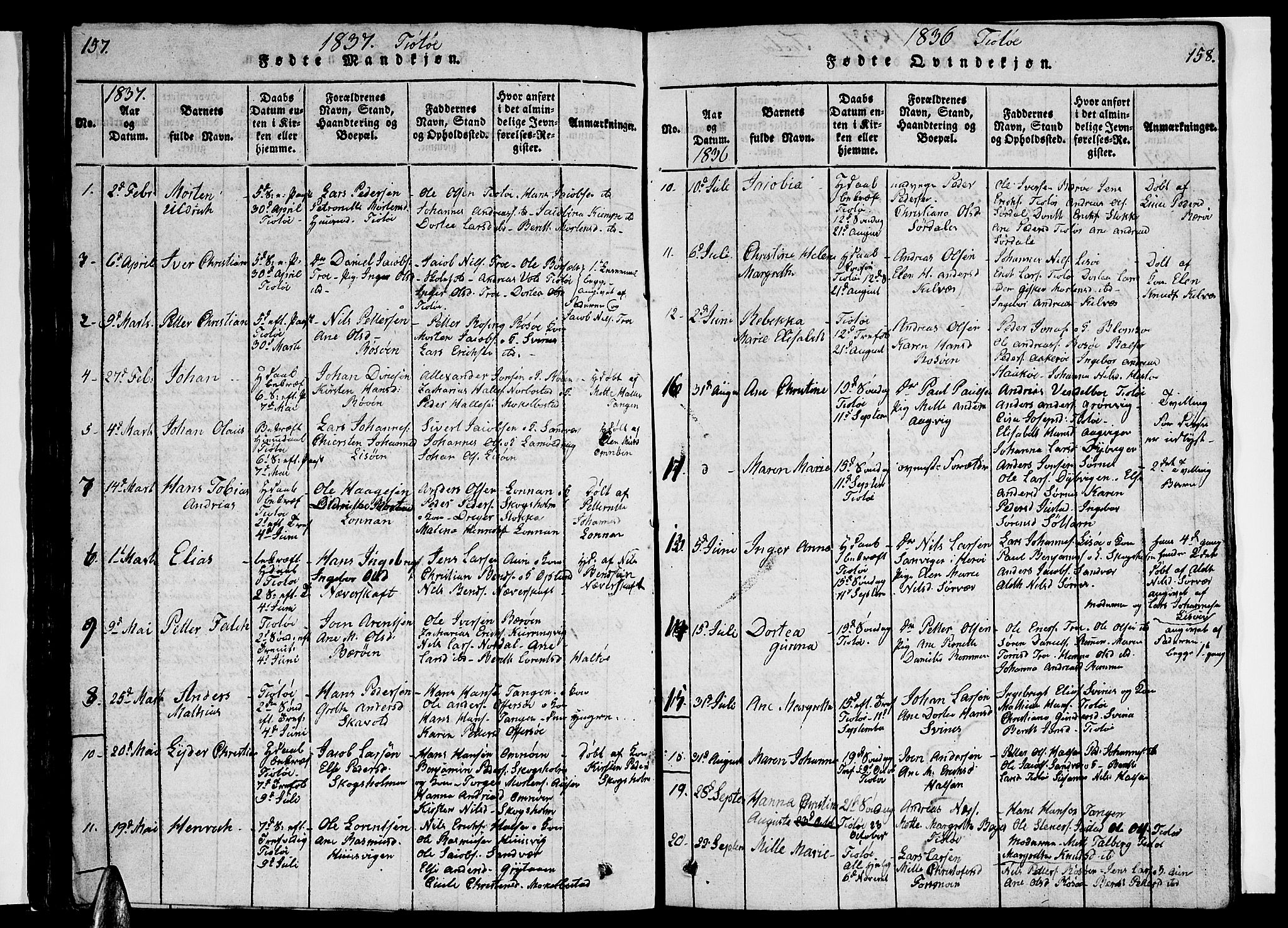 Ministerialprotokoller, klokkerbøker og fødselsregistre - Nordland, SAT/A-1459/830/L0458: Parish register (copy) no. 830C01 /2, 1829-1840, p. 157-158