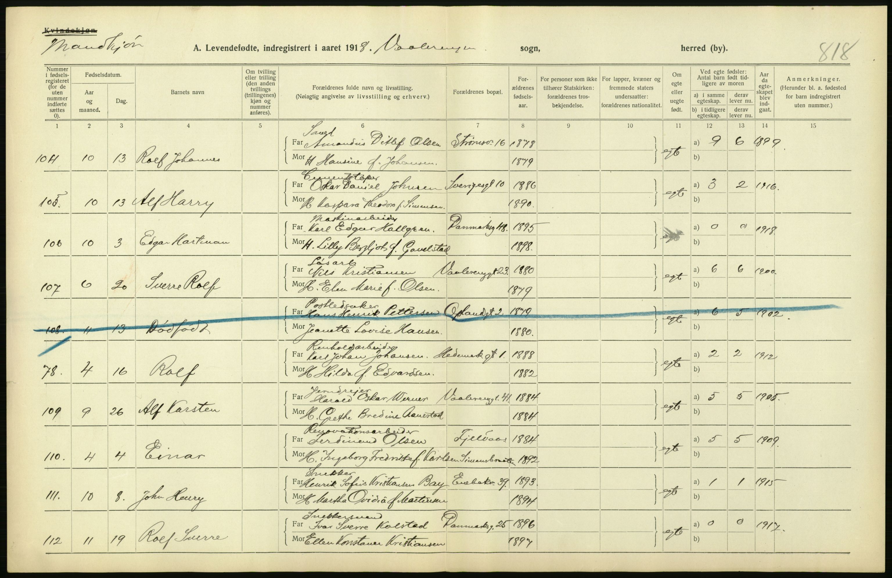 Statistisk sentralbyrå, Sosiodemografiske emner, Befolkning, AV/RA-S-2228/D/Df/Dfb/Dfbh/L0008: Kristiania: Levendefødte menn og kvinner., 1918, p. 386