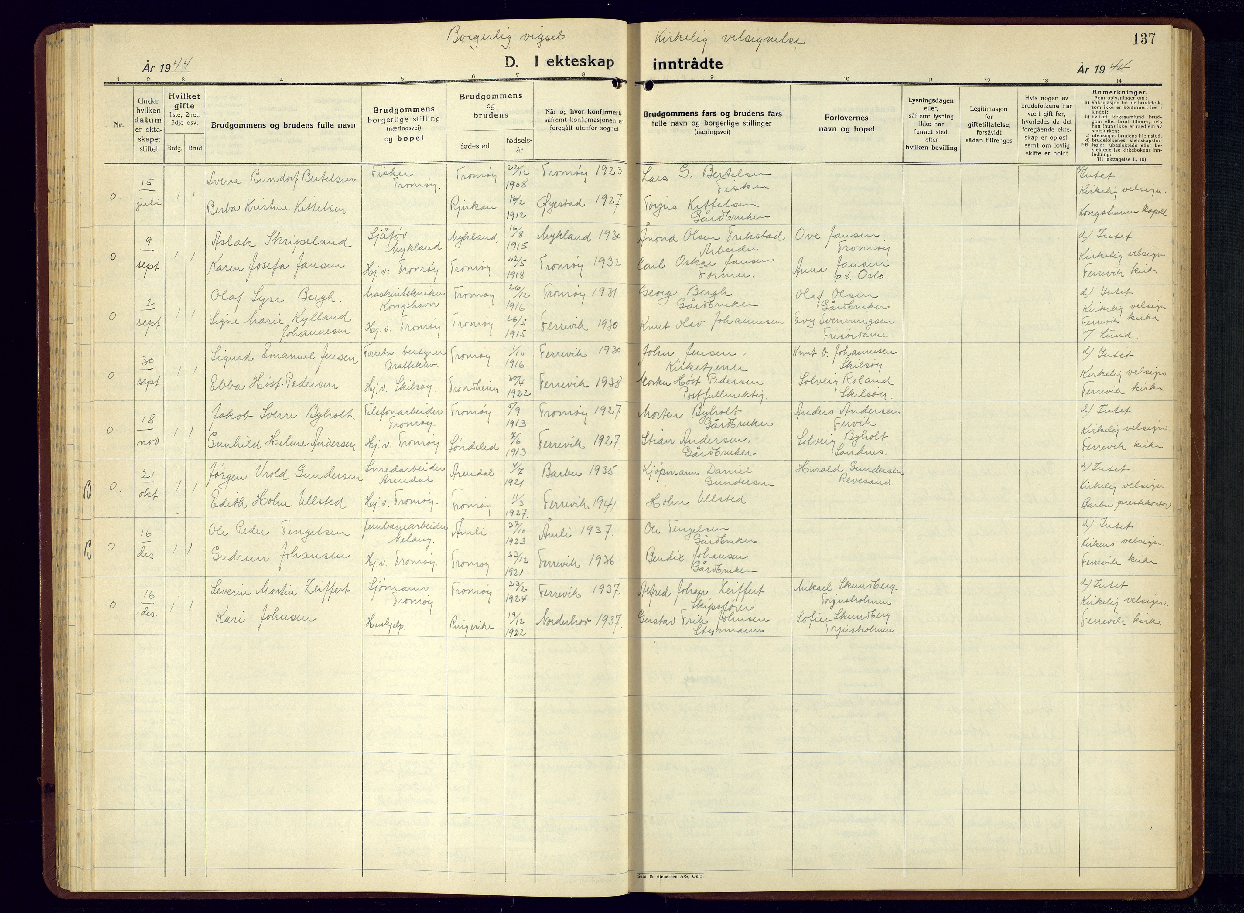 Tromøy sokneprestkontor, AV/SAK-1111-0041/F/Fb/L0009: Parish register (copy) no. B-9, 1938-1952, p. 137