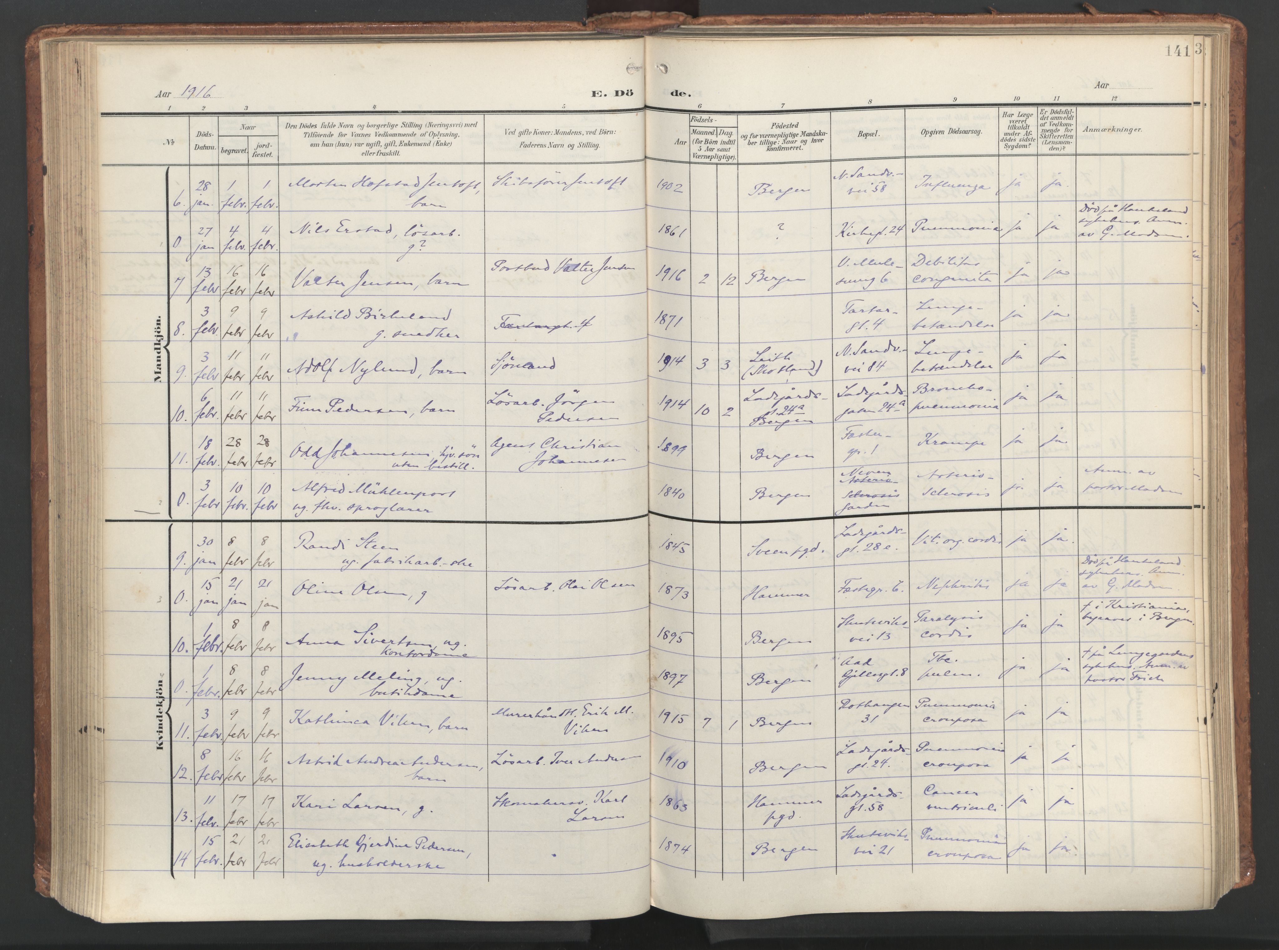 Sandviken Sokneprestembete, SAB/A-77601/H/Ha/L0019: Parish register (official) no. E 2, 1905-1933, p. 141