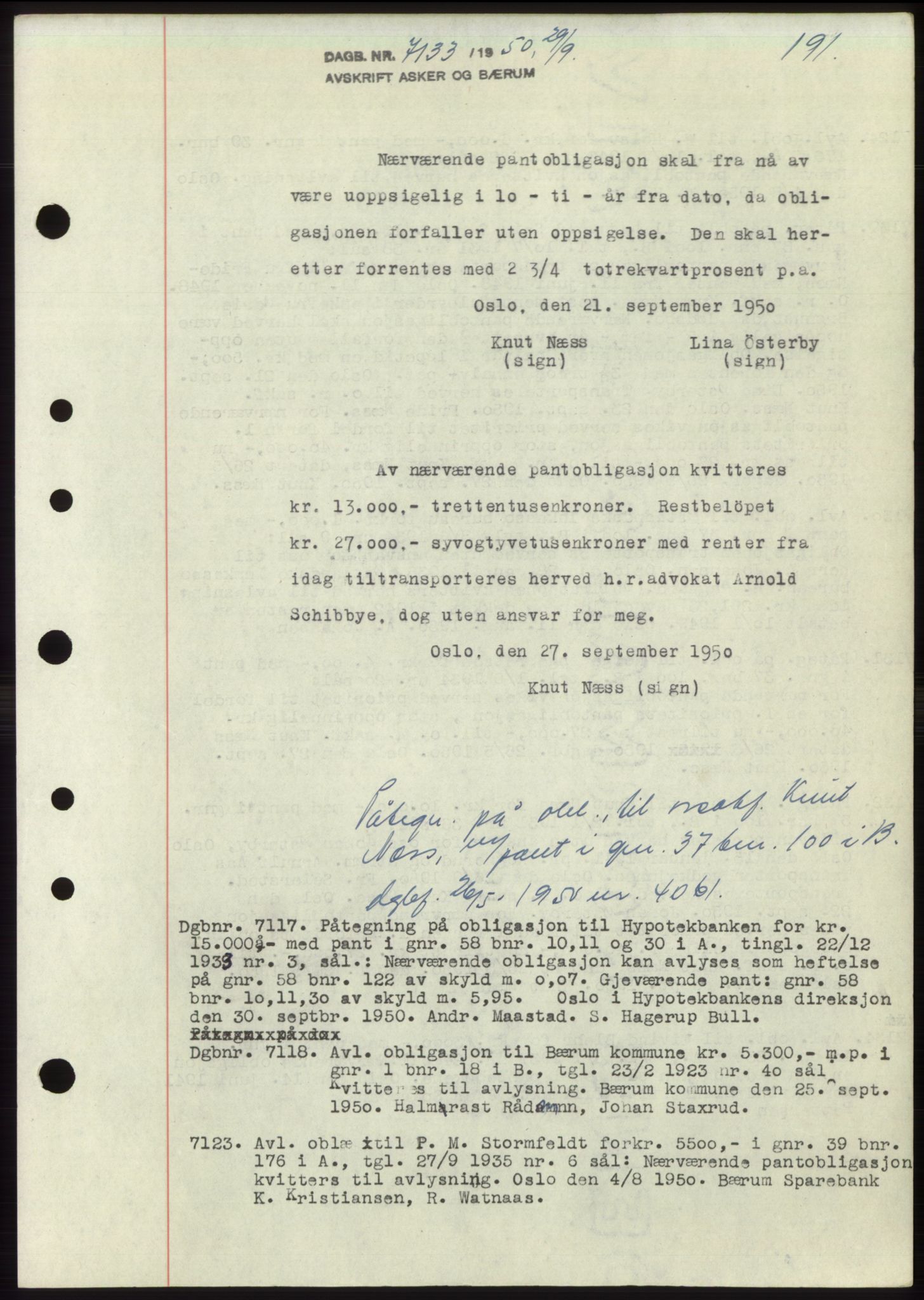 Asker og Bærum sorenskriveri, AV/SAO-A-10379a/G/Gb/Gbb/L0012: Mortgage book no. B97, 1950-1950, Diary no: : 7133/1950