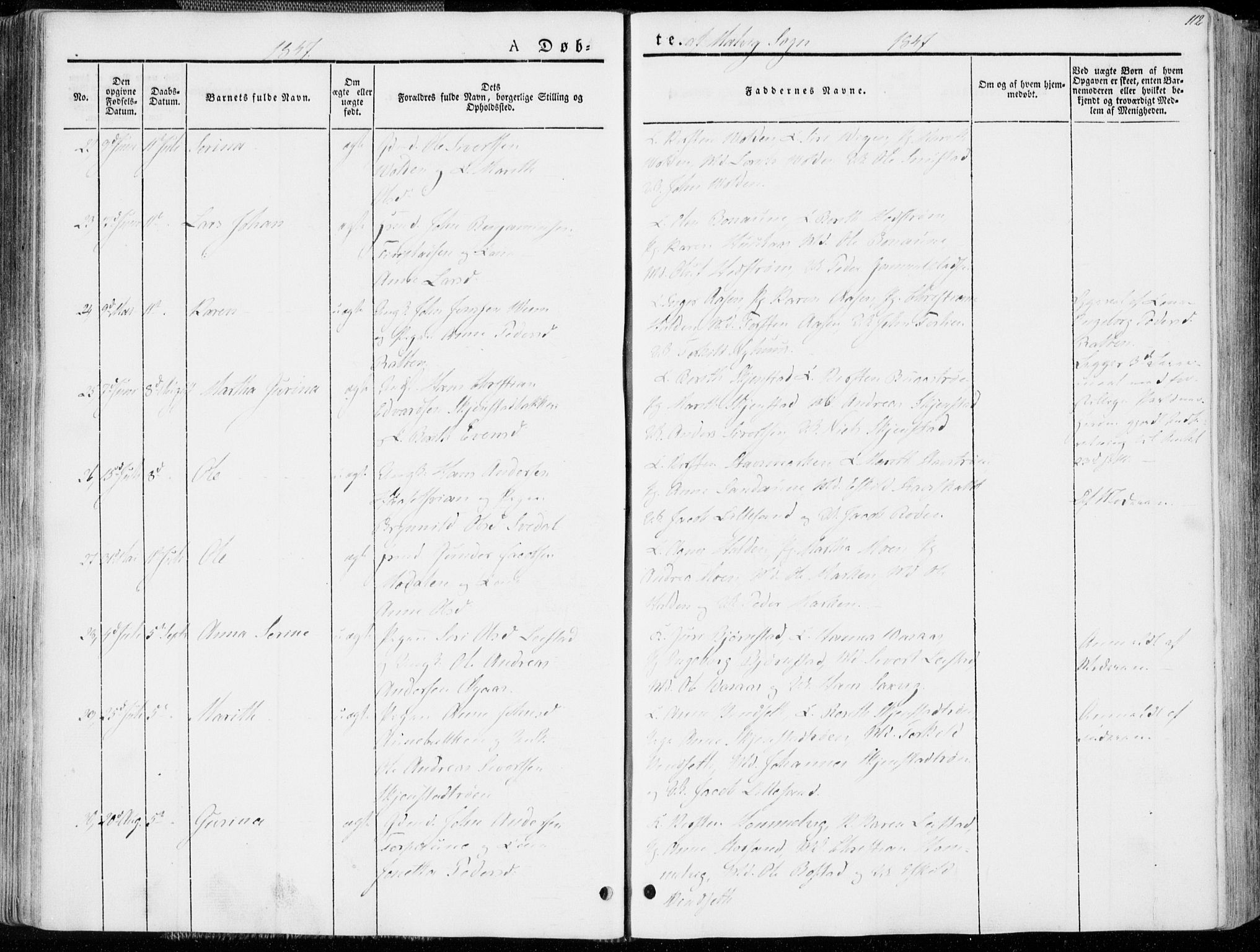 Ministerialprotokoller, klokkerbøker og fødselsregistre - Sør-Trøndelag, AV/SAT-A-1456/606/L0290: Parish register (official) no. 606A05, 1841-1847, p. 112