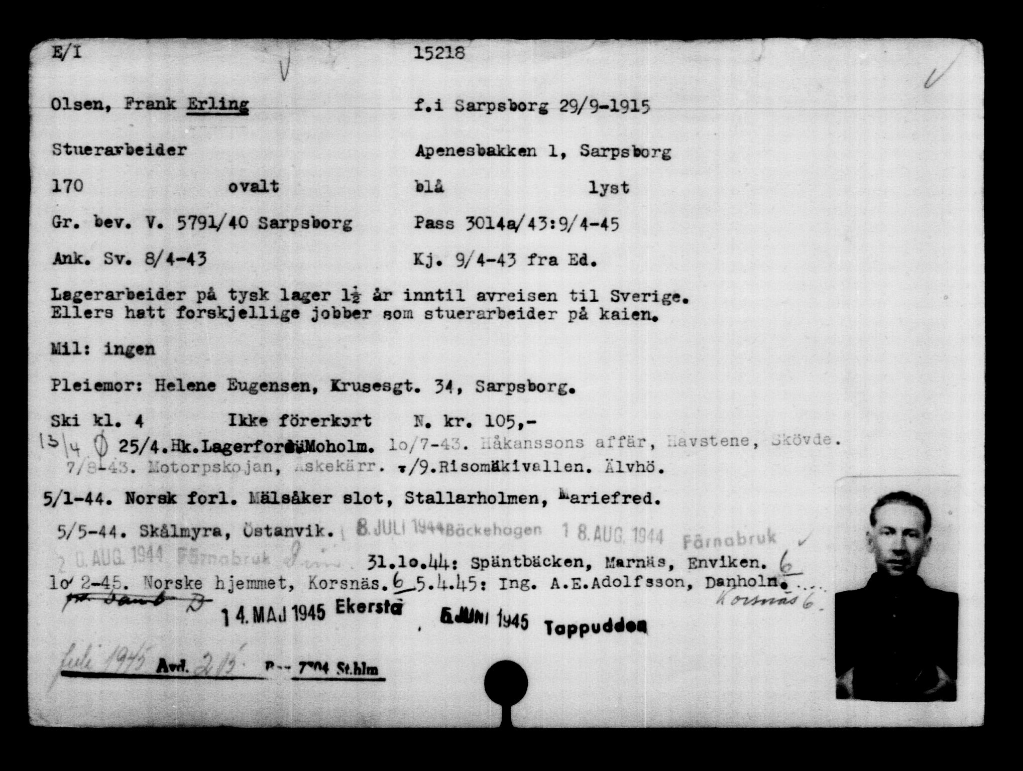 Utenriksstasjonene, Legasjonen i Stockholm, Flyktningkontoret, AV/RA-S-6753/V/Va/L0007: Kjesäterkartoteket, flyktninger med registreringsnr. 12700-15723, 1940-1945, p. 2892