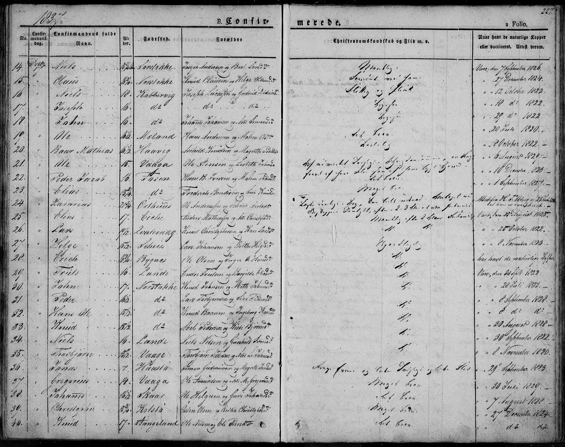 Avaldsnes sokneprestkontor, SAST/A -101851/H/Ha/Haa/L0005: Parish register (official) no. A 5.1, 1825-1841, p. 227