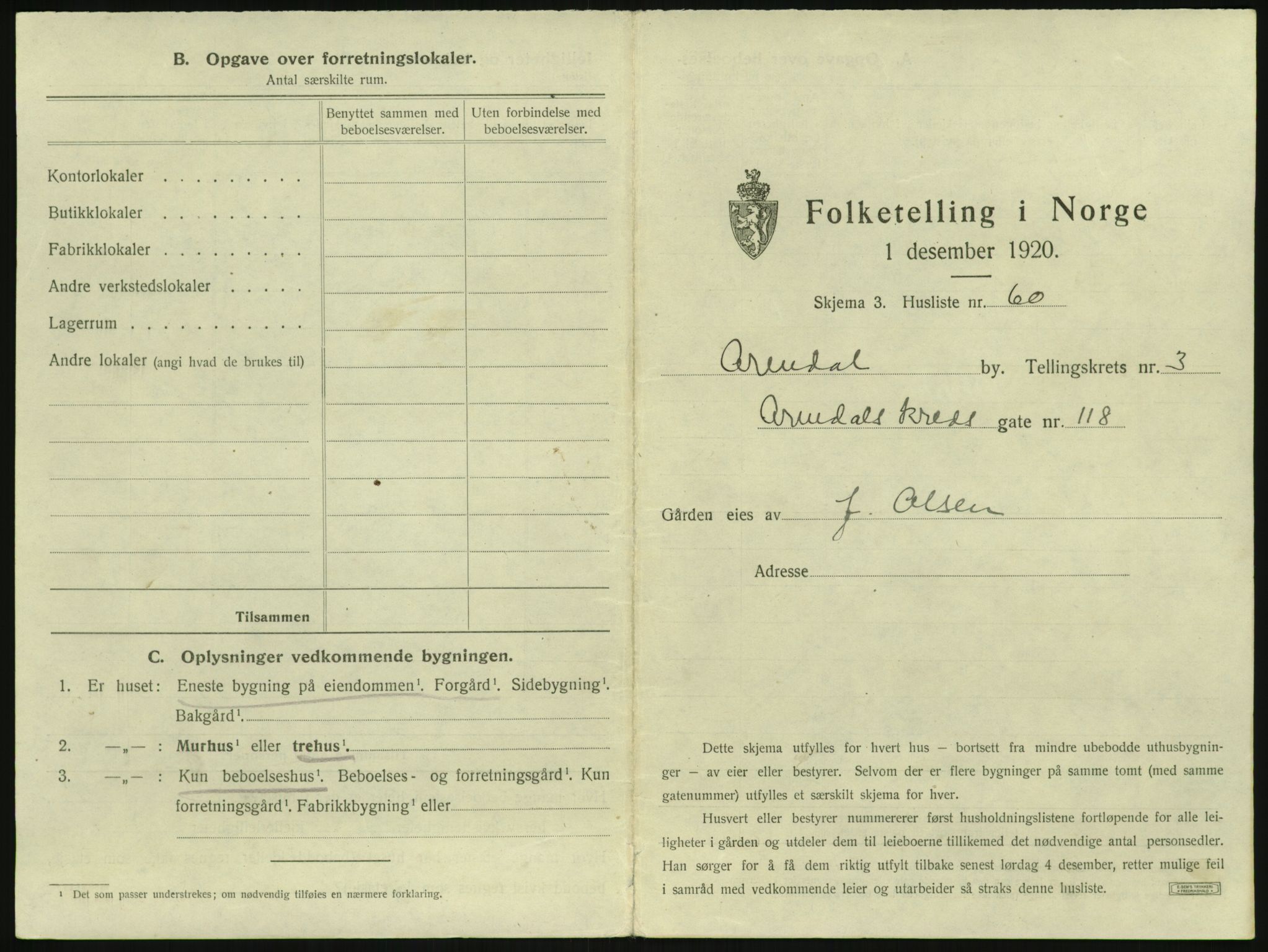 SAK, 1920 census for Arendal, 1920, p. 446