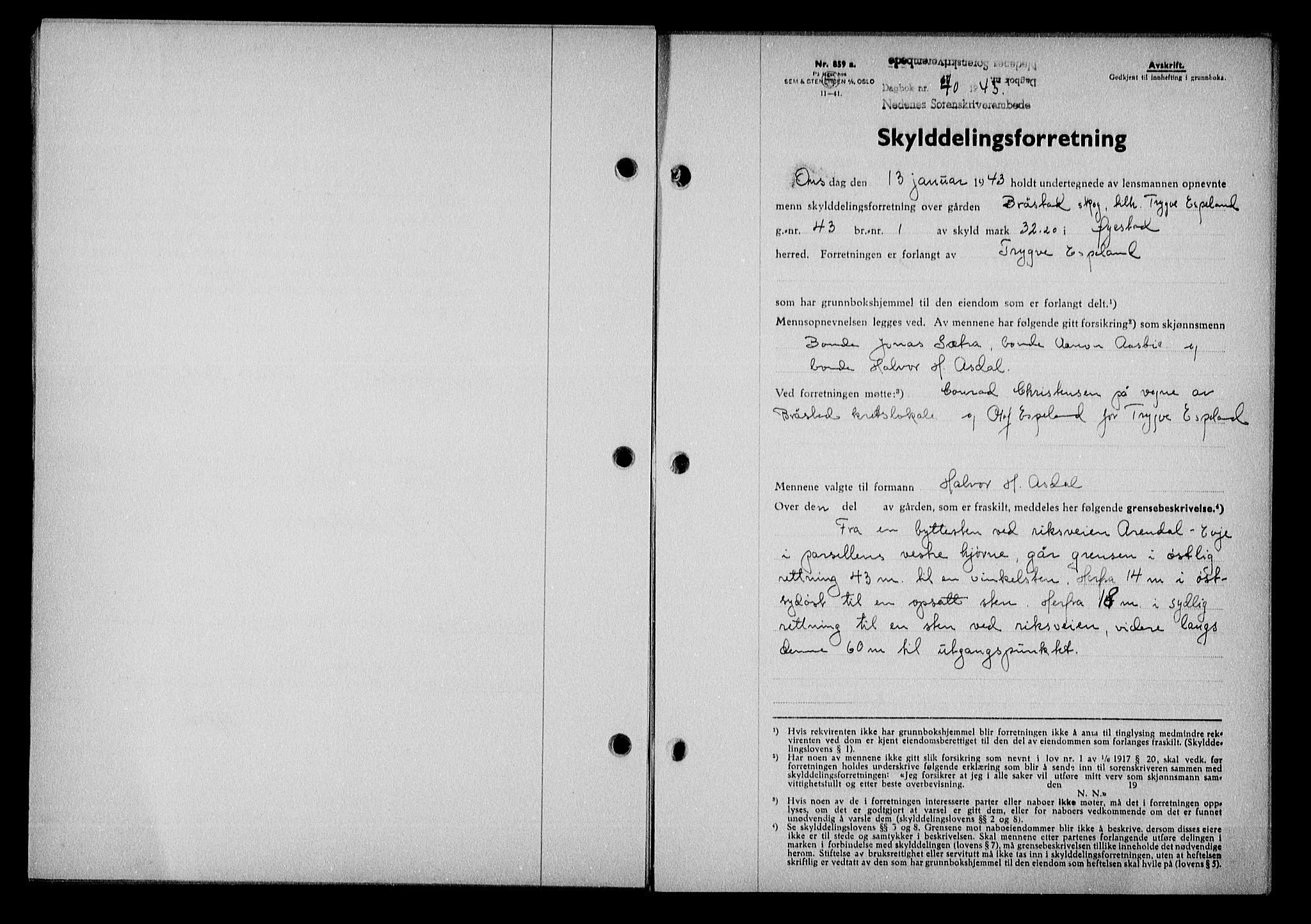 Nedenes sorenskriveri, SAK/1221-0006/G/Gb/Gba/L0050: Mortgage book no. A-IV, 1942-1943, Diary no: : 40/1943