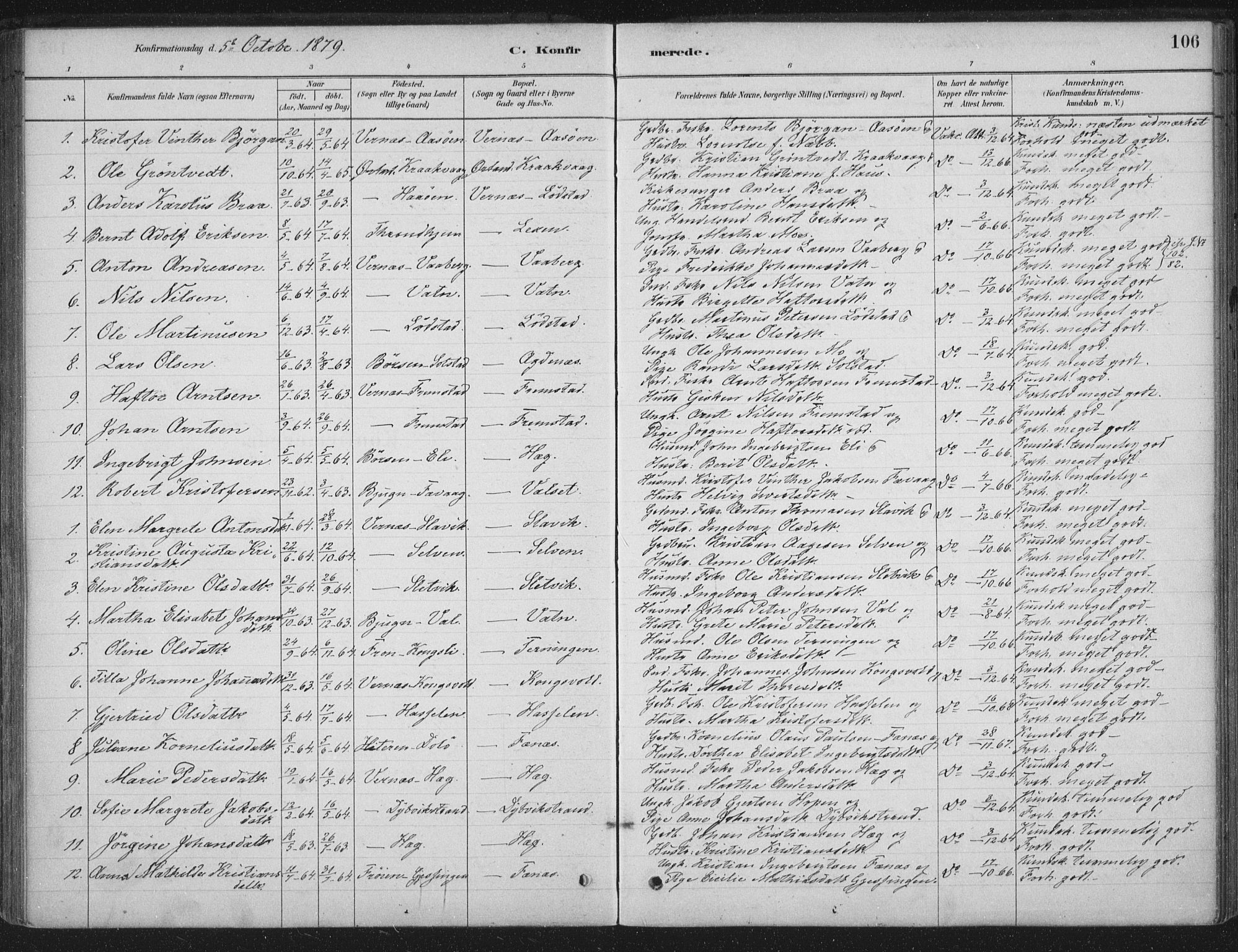 Ministerialprotokoller, klokkerbøker og fødselsregistre - Sør-Trøndelag, AV/SAT-A-1456/662/L0755: Parish register (official) no. 662A01, 1879-1905, p. 106