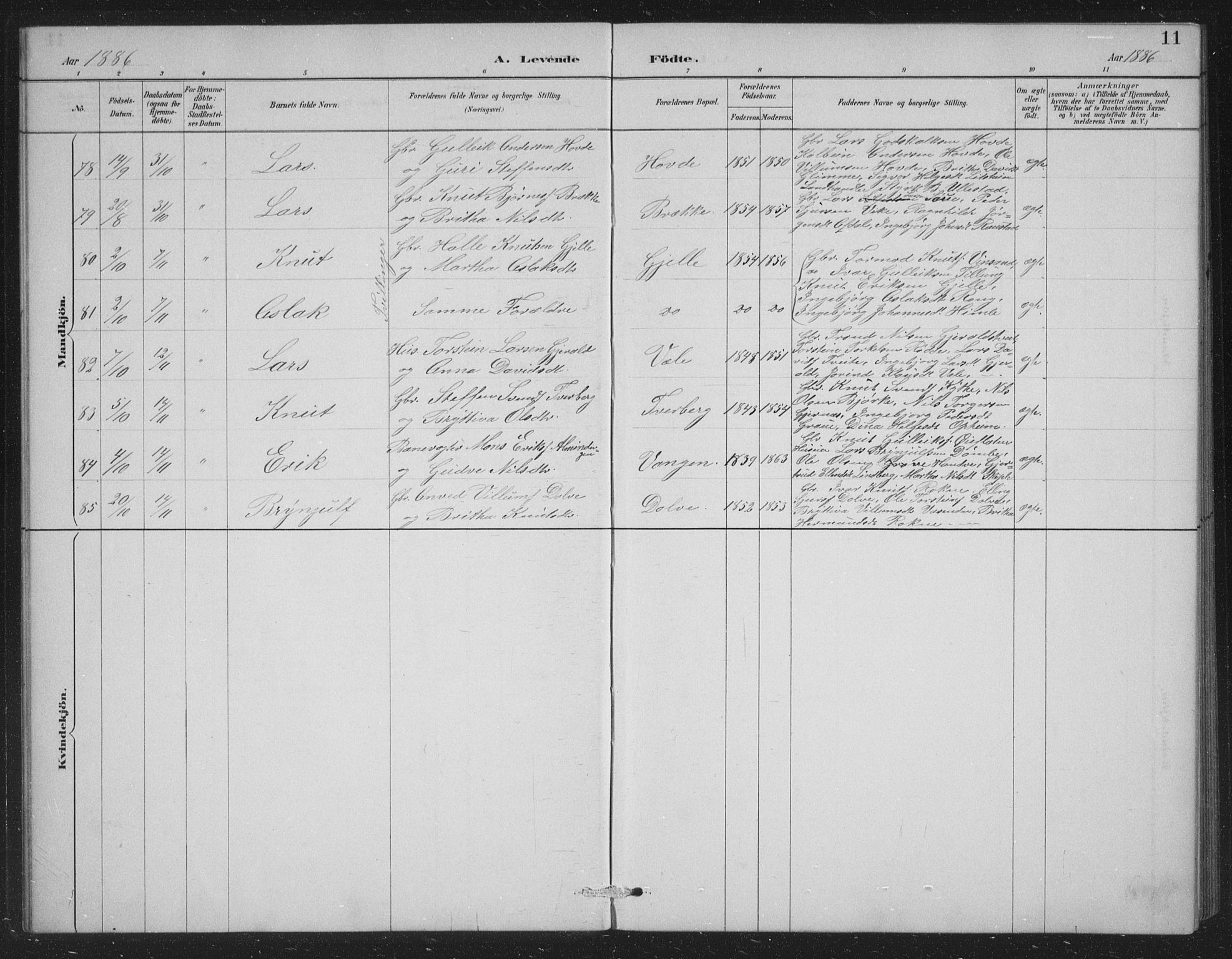 Voss sokneprestembete, SAB/A-79001/H/Hab: Parish register (copy) no. C 1, 1886-1899, p. 11