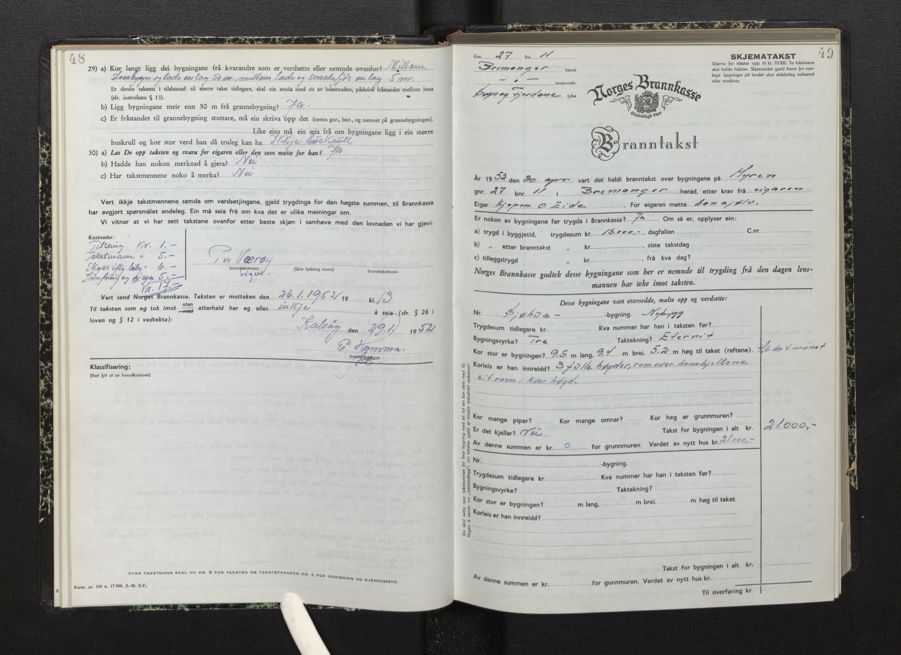 Lensmannen i Bremanger, AV/SAB-A-26701/0012/L0010: Branntakstprotokoll, skjematakst, 1950-1955, p. 48-49