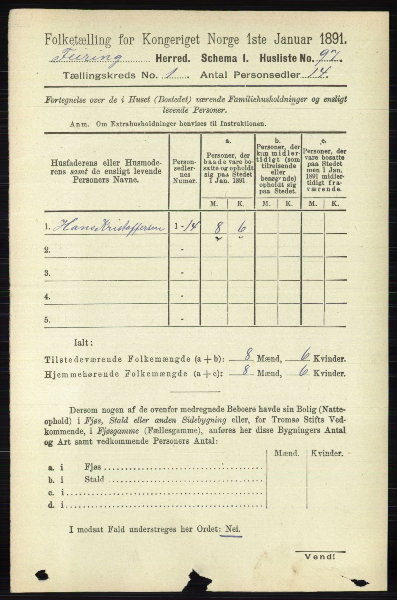 RA, 1891 census for 0240 Feiring, 1891, p. 108