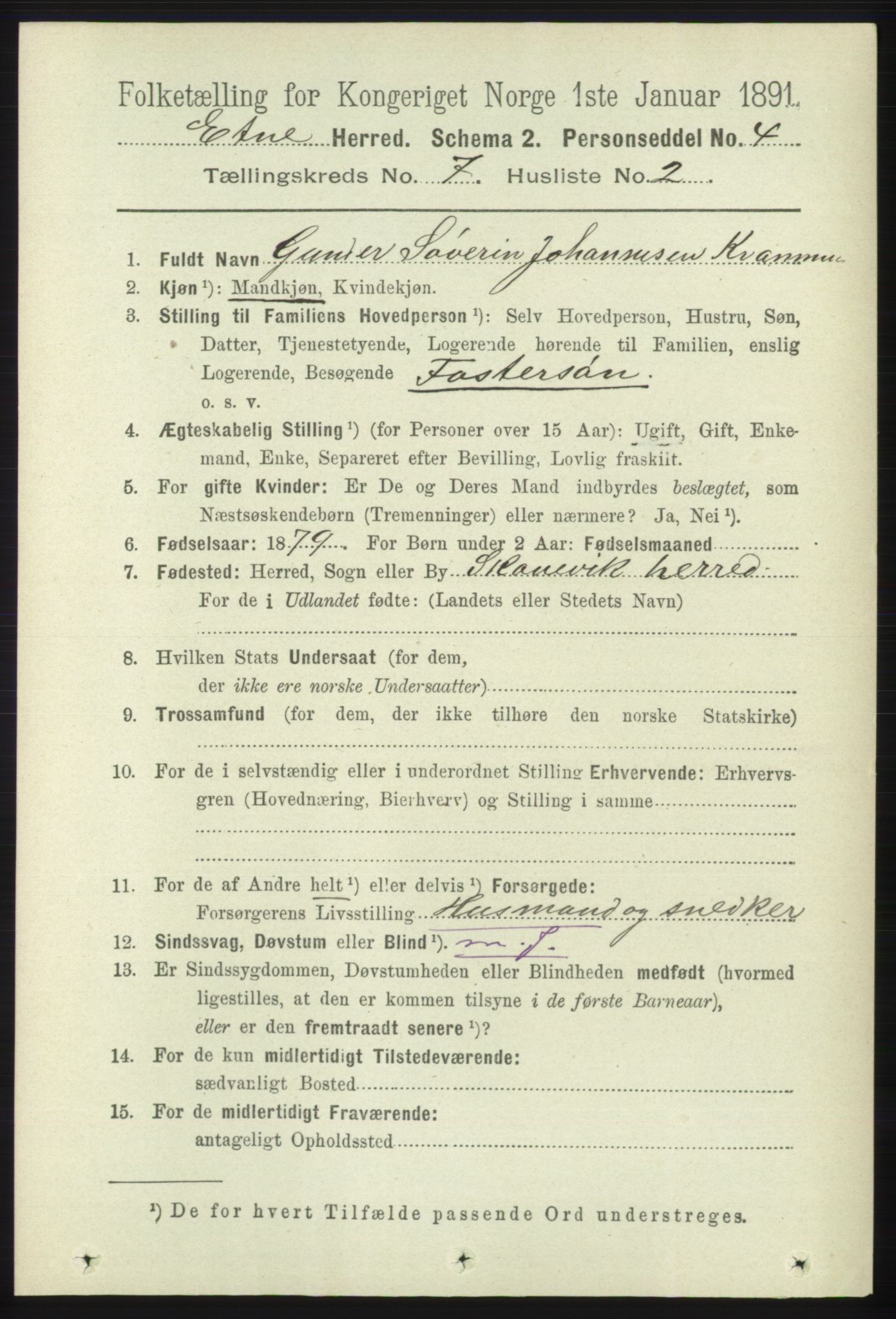 RA, 1891 census for 1211 Etne, 1891, p. 1400