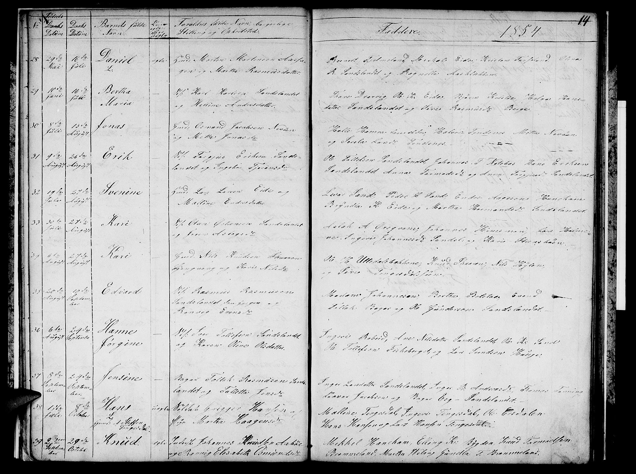 Sand sokneprestkontor, AV/SAST-A-101848/01/IV/L0002: Parish register (copy) no. B 2, 1852-1871, p. 14