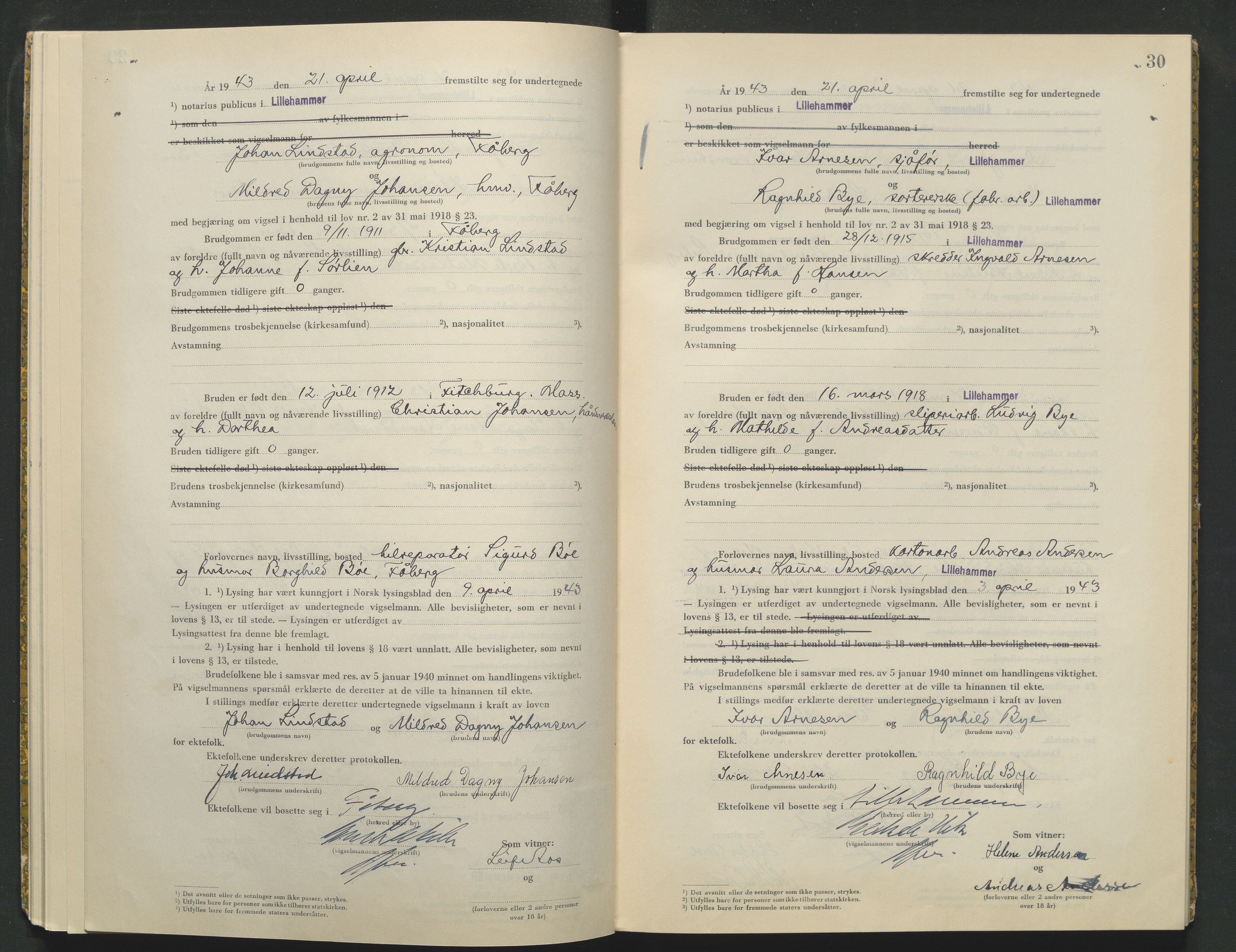 Sør-Gudbrandsdal tingrett, AV/SAH-TING-004/L/Lc/L0003: Vigselsprotokoll, 1943, p. 30