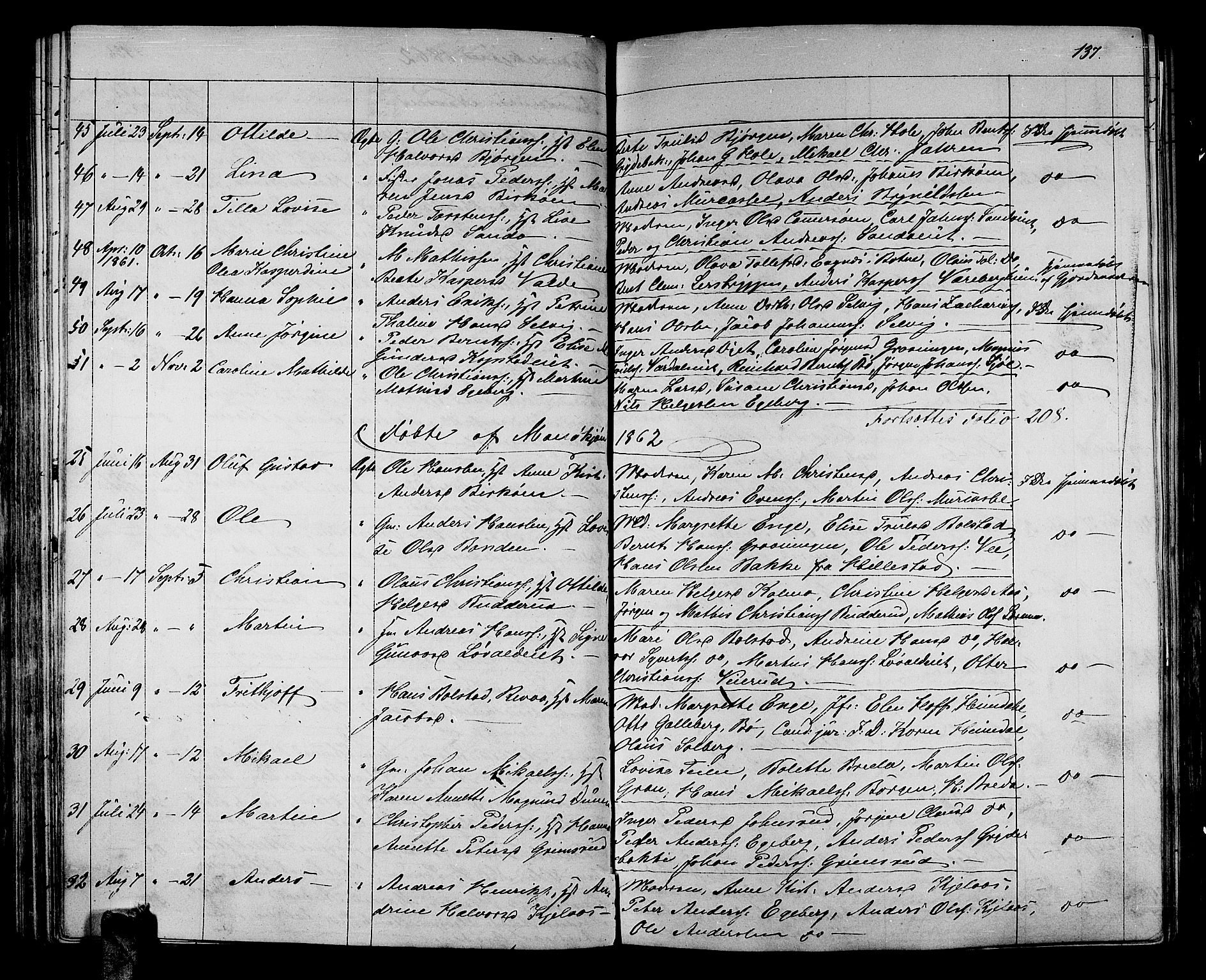 Sande Kirkebøker, AV/SAKO-A-53/G/Ga/L0002: Parish register (copy) no. 2, 1847-1863, p. 137