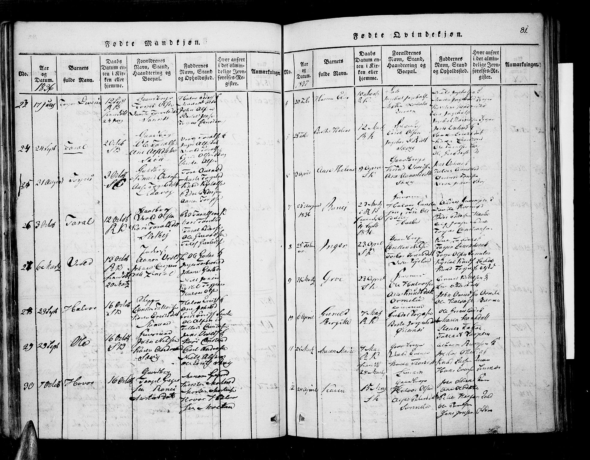 Søndeled sokneprestkontor, AV/SAK-1111-0038/F/Fa/L0001: Parish register (official) no. A 1, 1816-1838, p. 81