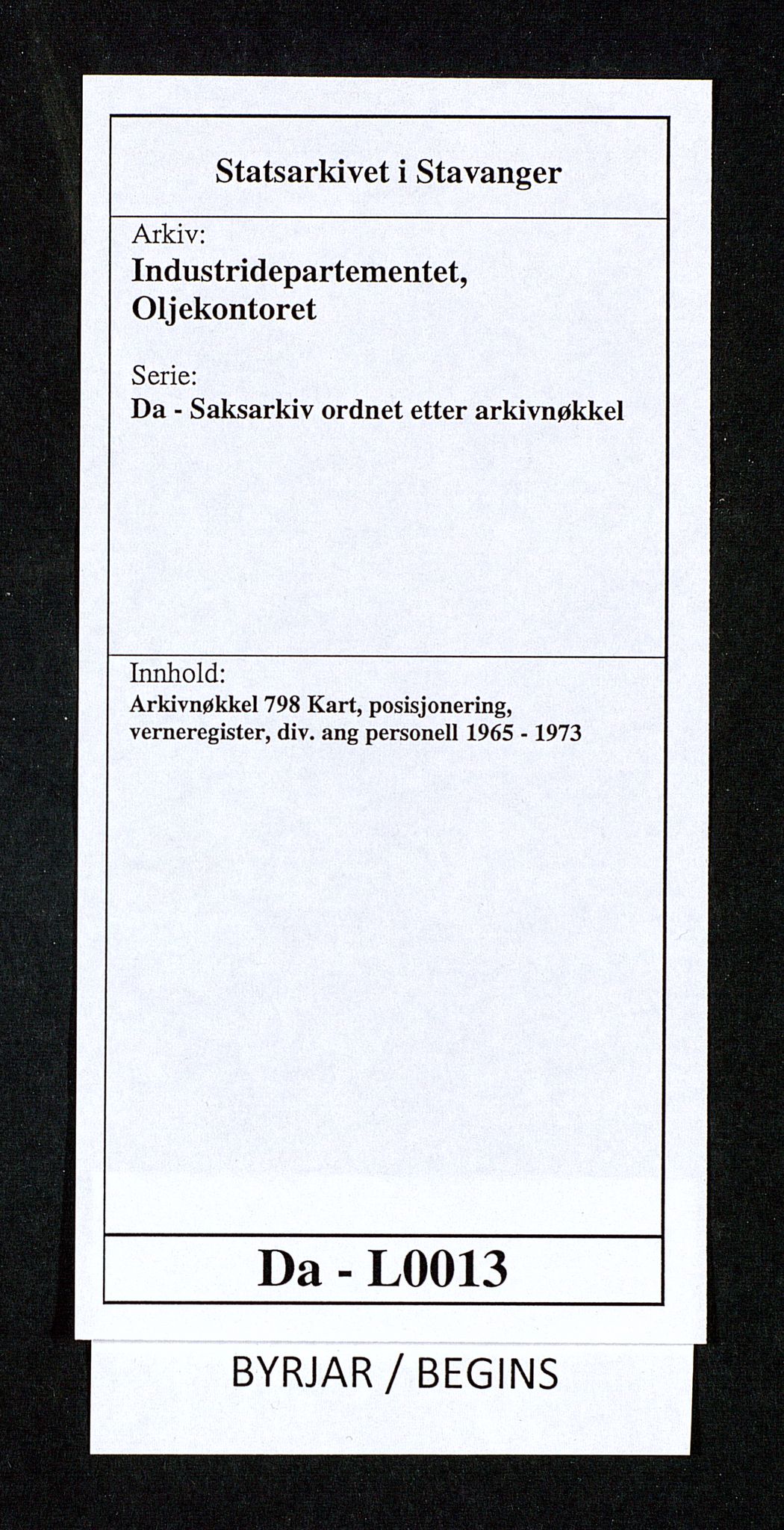 Industridepartementet, Oljekontoret, SAST/A-101348/Da/L0013: Arkivnøkkel 798 Kart, posisjonering, verneregister, div. ang personell, 1965-1973, p. 1