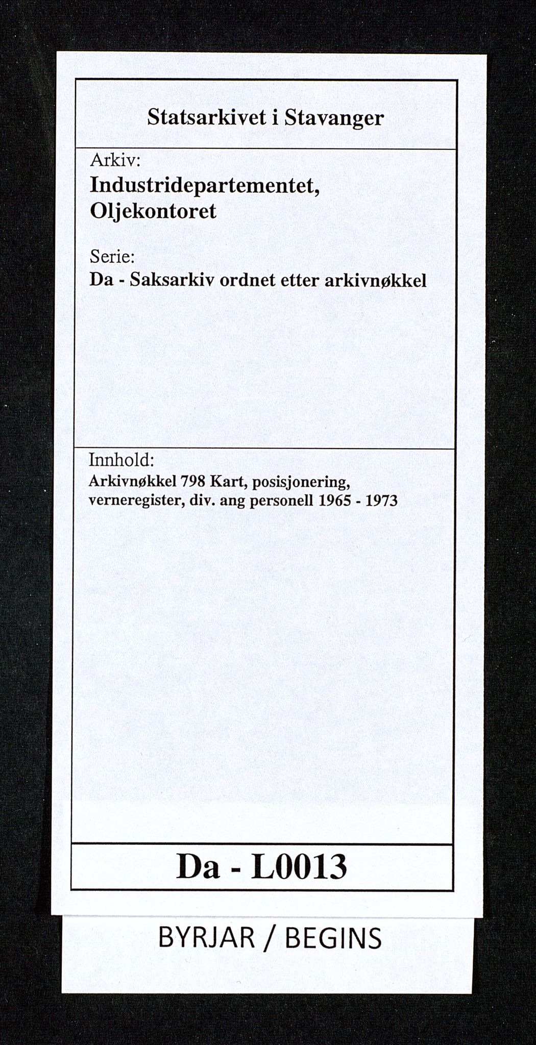 Industridepartementet, Oljekontoret, AV/SAST-A-101348/Da/L0013: Arkivnøkkel 798 Kart, posisjonering, verneregister, div. ang personell, 1965-1973, p. 1