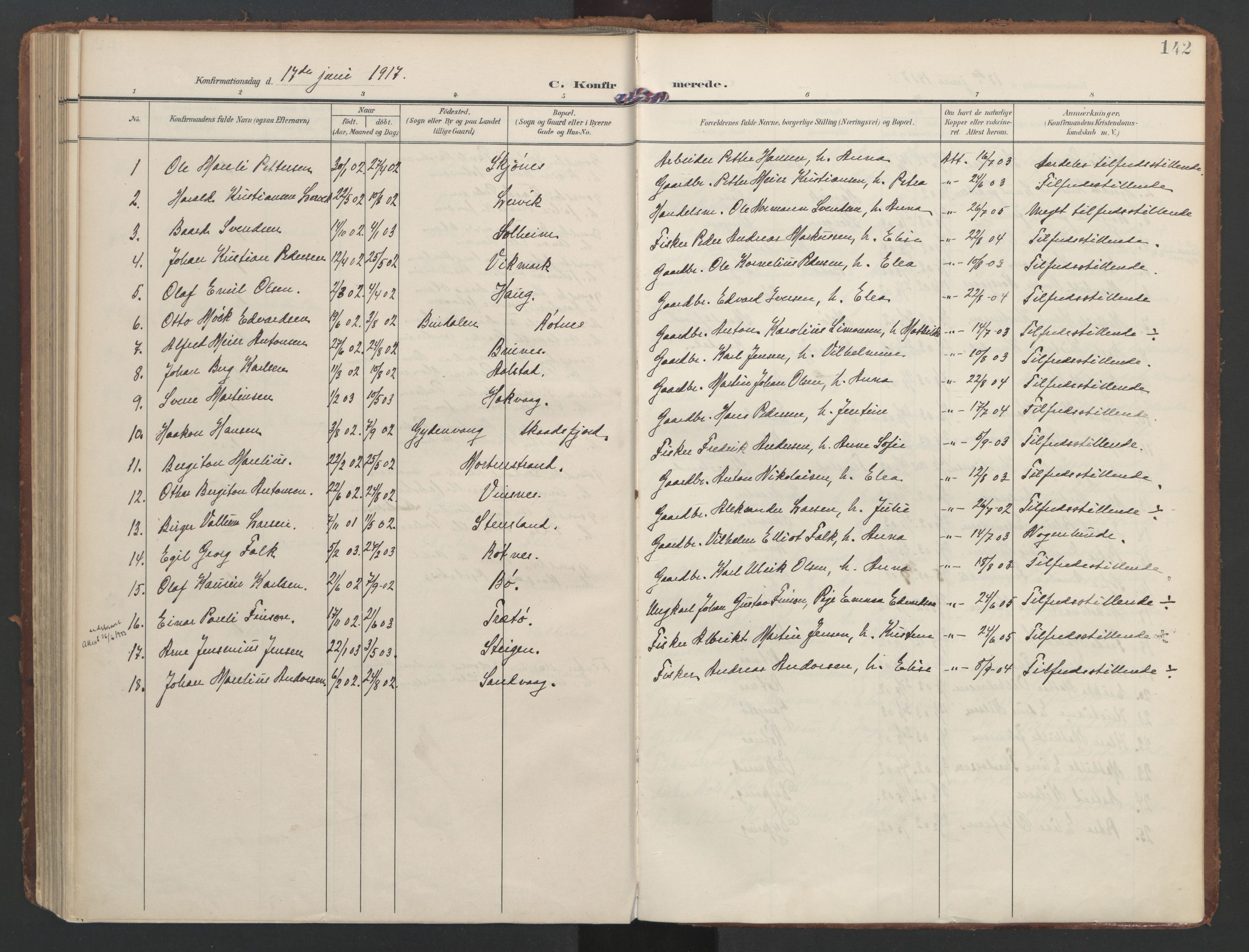 Ministerialprotokoller, klokkerbøker og fødselsregistre - Nordland, AV/SAT-A-1459/855/L0805: Parish register (official) no. 855A13, 1906-1920, p. 142