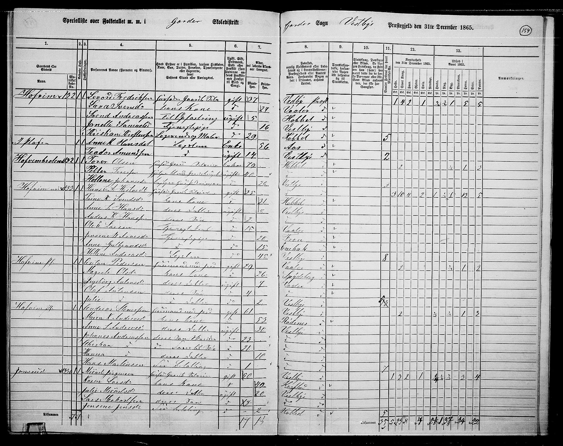 RA, 1865 census for Vestby, 1865, p. 134