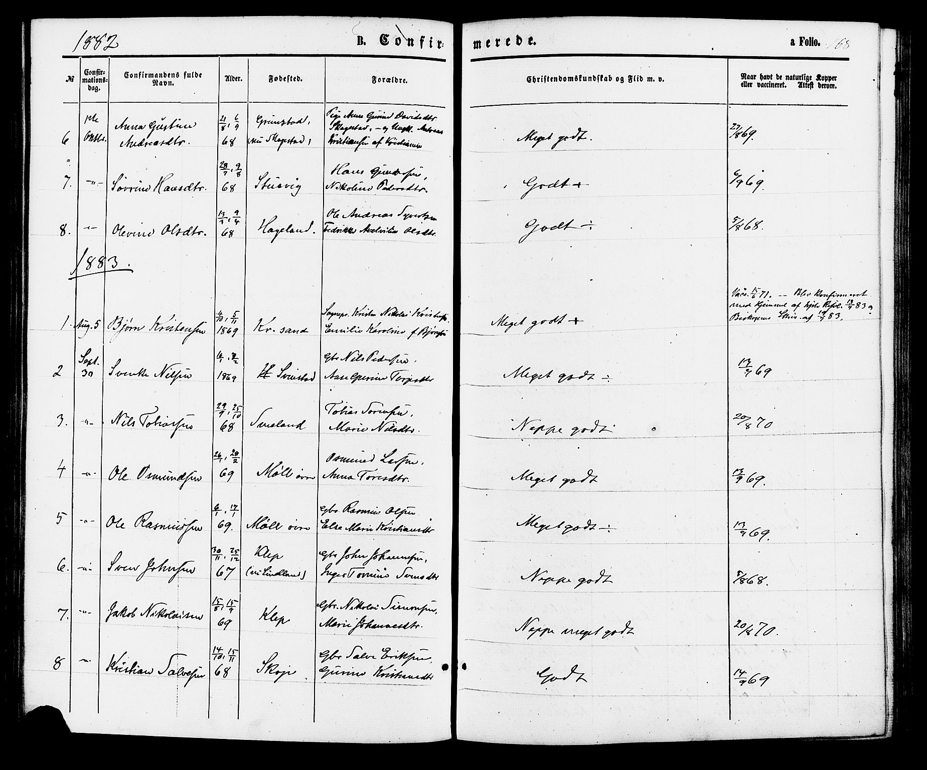 Holum sokneprestkontor, AV/SAK-1111-0022/F/Fa/Faa/L0006: Parish register (official) no. A 6, 1865-1883, p. 168