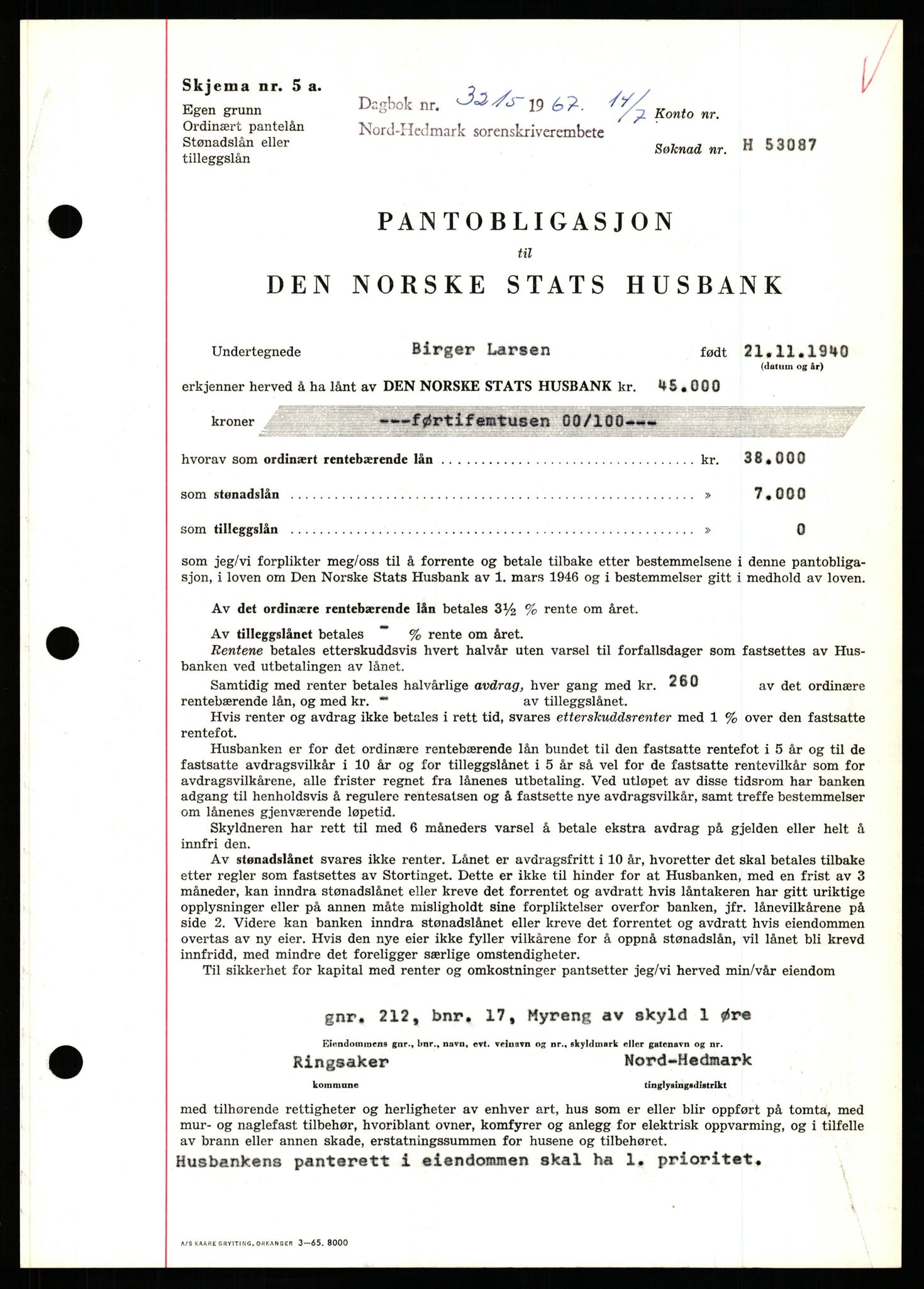 Nord-Hedmark sorenskriveri, SAH/TING-012/H/Hb/Hbf/L0071: Mortgage book no. B71, 1967-1967, Diary no: : 3215/1967