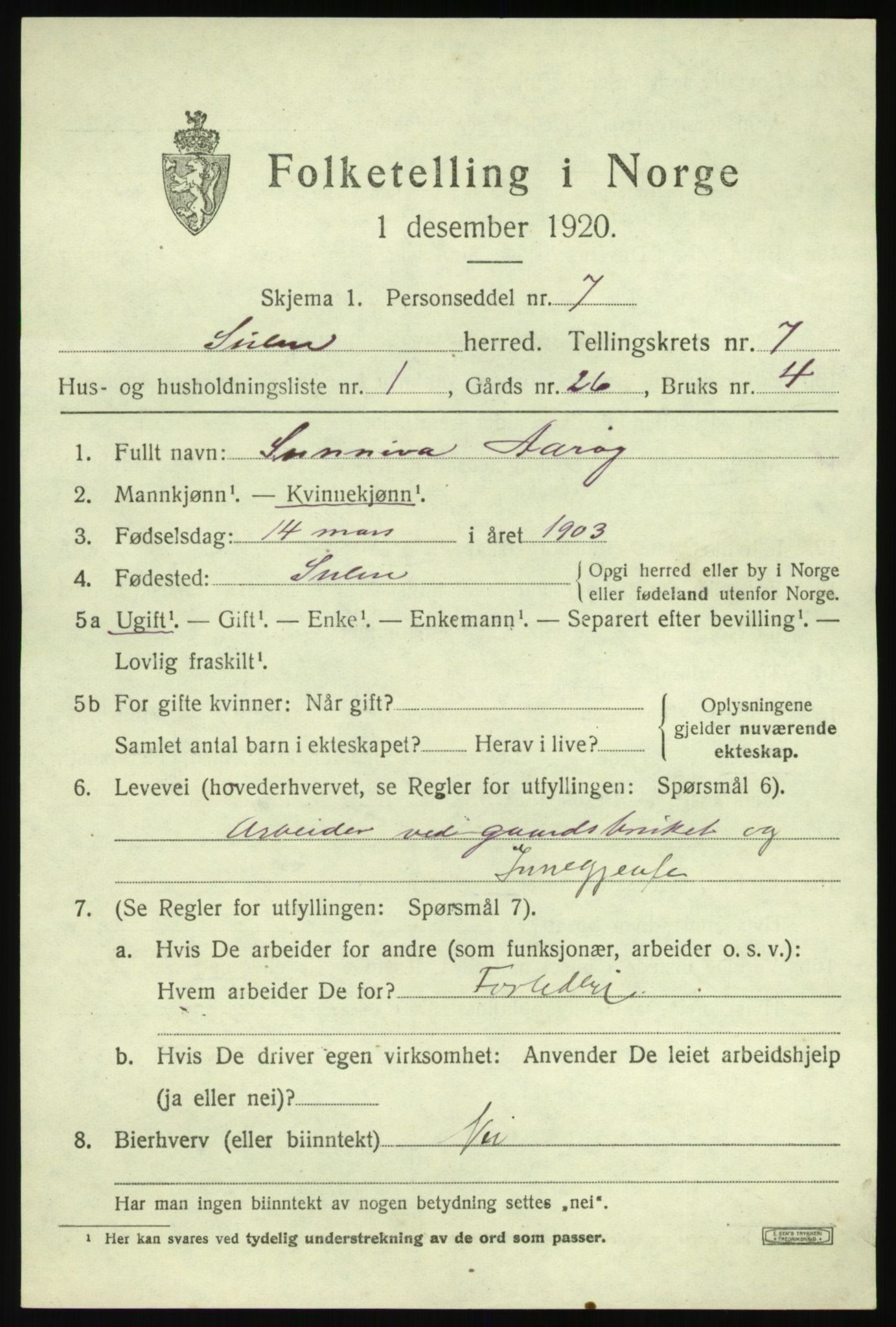 SAB, 1920 census for Solund, 1920, p. 2730