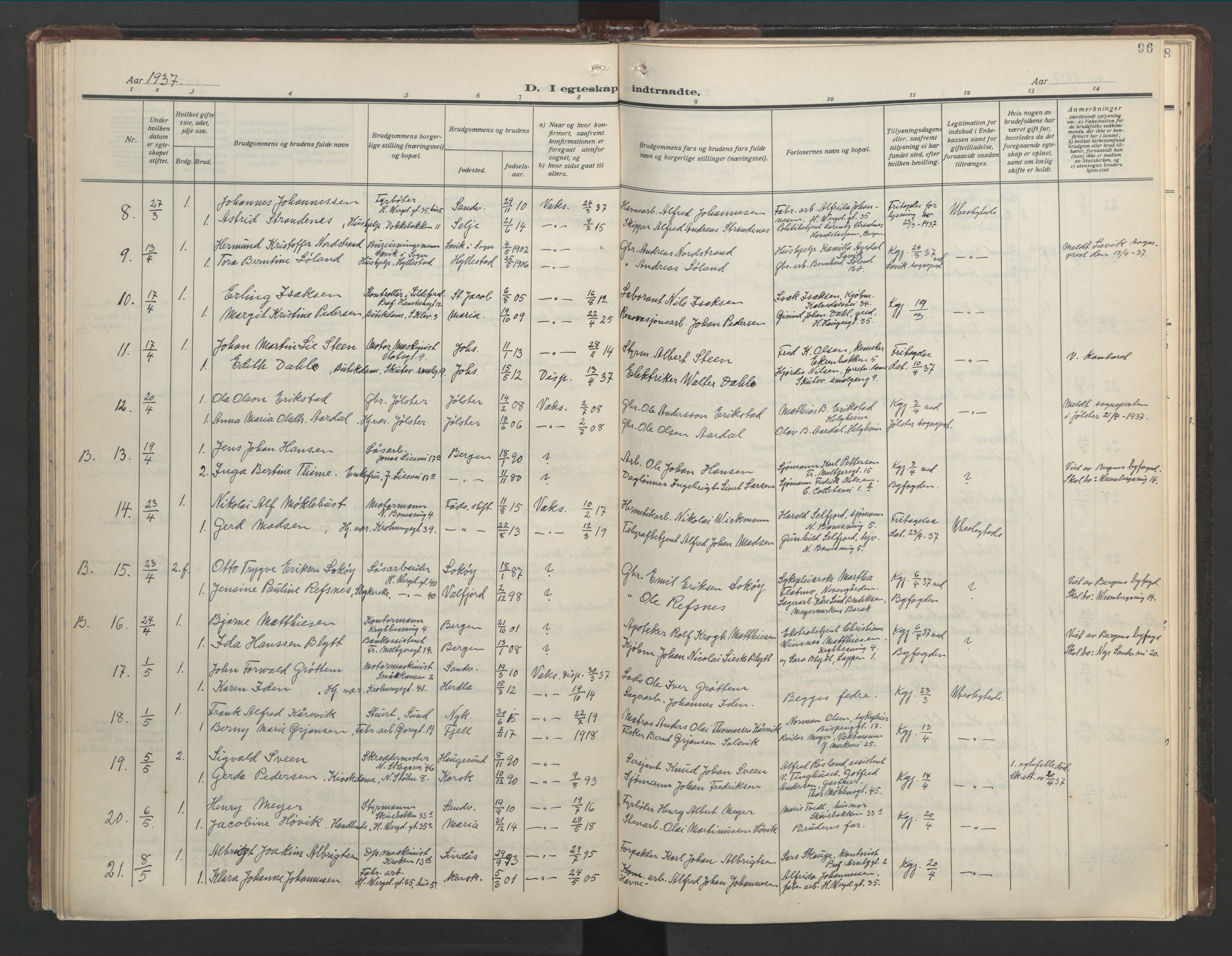 Mariakirken Sokneprestembete, SAB/A-76901/H/Hab/L0011: Parish register (copy) no. A 11, 1938-1955, p. 95b-96a