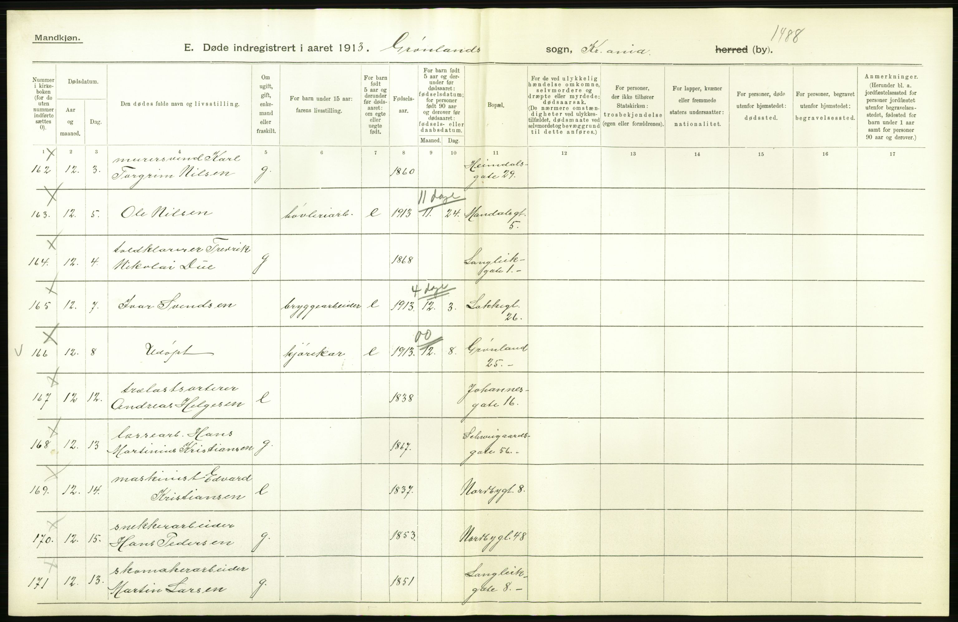 Statistisk sentralbyrå, Sosiodemografiske emner, Befolkning, AV/RA-S-2228/D/Df/Dfb/Dfbc/L0009: Kristiania: Døde., 1913, p. 668