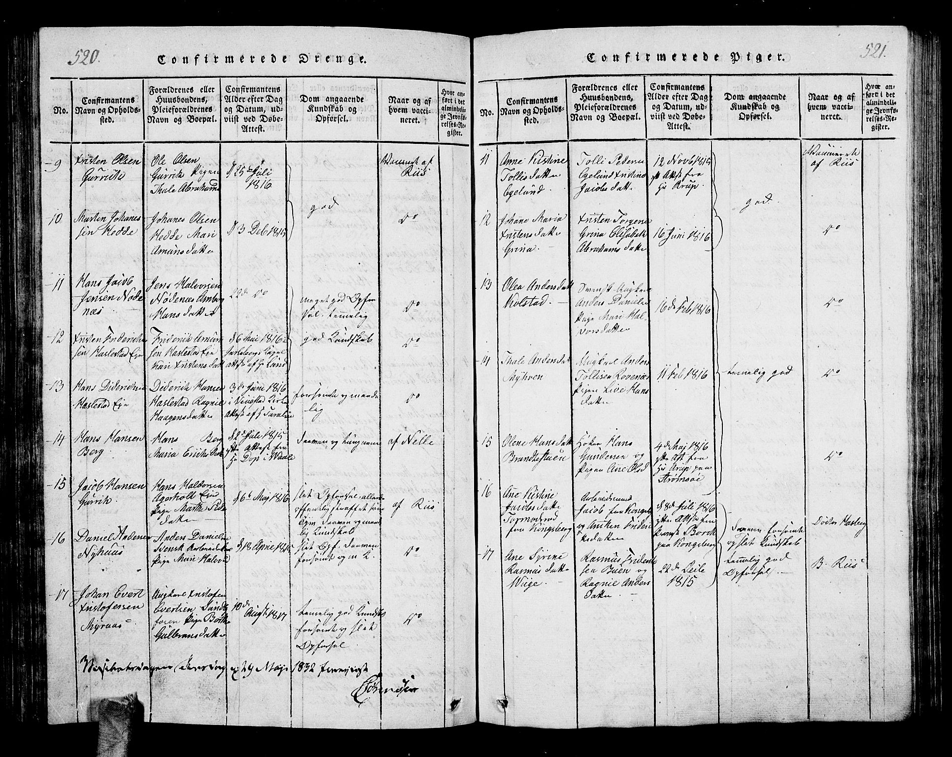 Hof kirkebøker, AV/SAKO-A-64/G/Ga/L0001: Parish register (copy) no. I 1, 1814-1844, p. 520-521