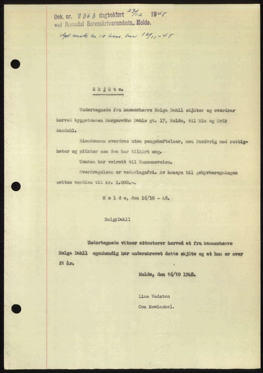 Romsdal sorenskriveri, AV/SAT-A-4149/1/2/2C: Mortgage book no. A28, 1948-1949, Diary no: : 3363/1948