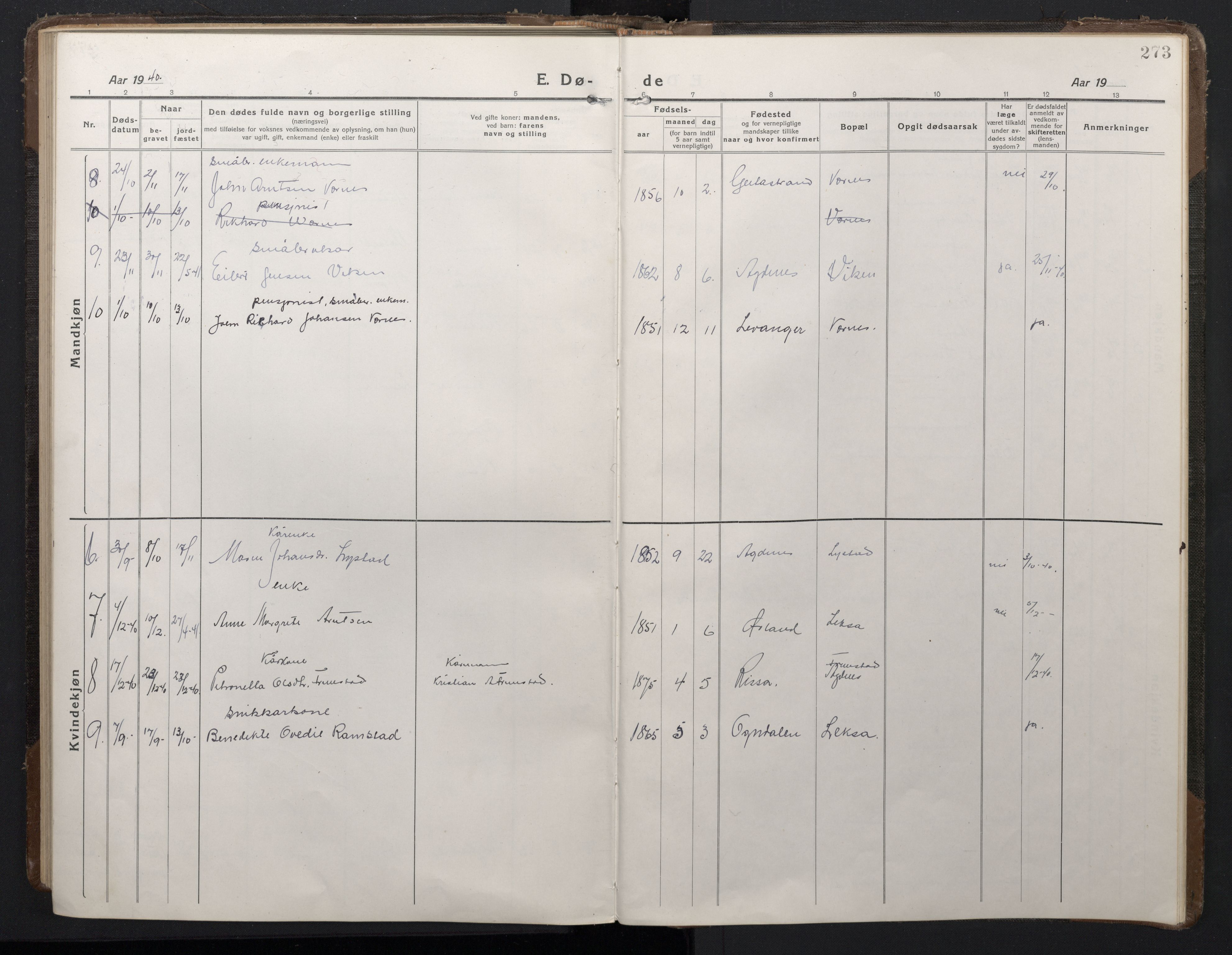 Ministerialprotokoller, klokkerbøker og fødselsregistre - Sør-Trøndelag, AV/SAT-A-1456/662/L0758: Parish register (copy) no. 662C03, 1918-1948, p. 273