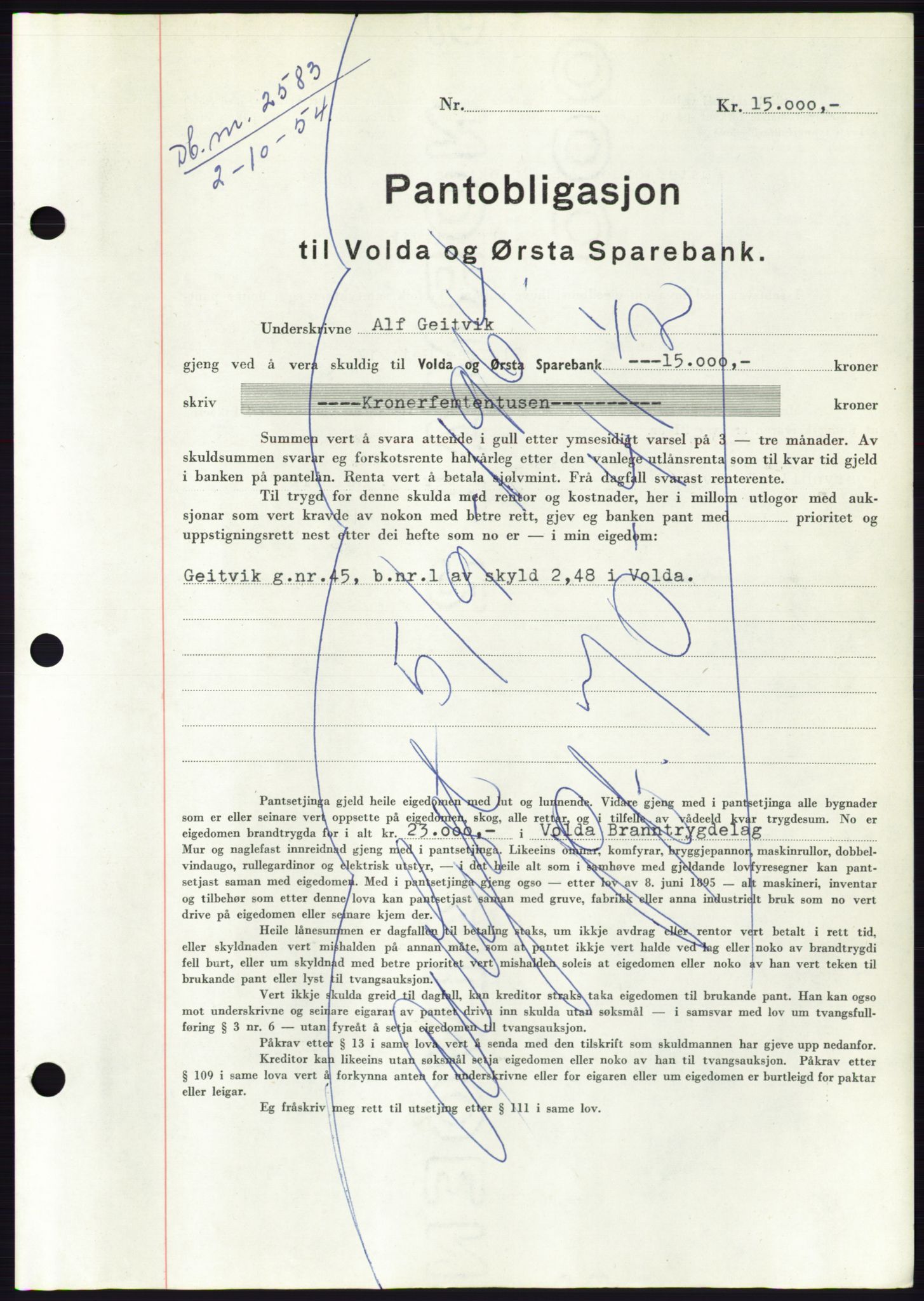 Søre Sunnmøre sorenskriveri, AV/SAT-A-4122/1/2/2C/L0126: Mortgage book no. 14B, 1954-1955, Diary no: : 2583/1954