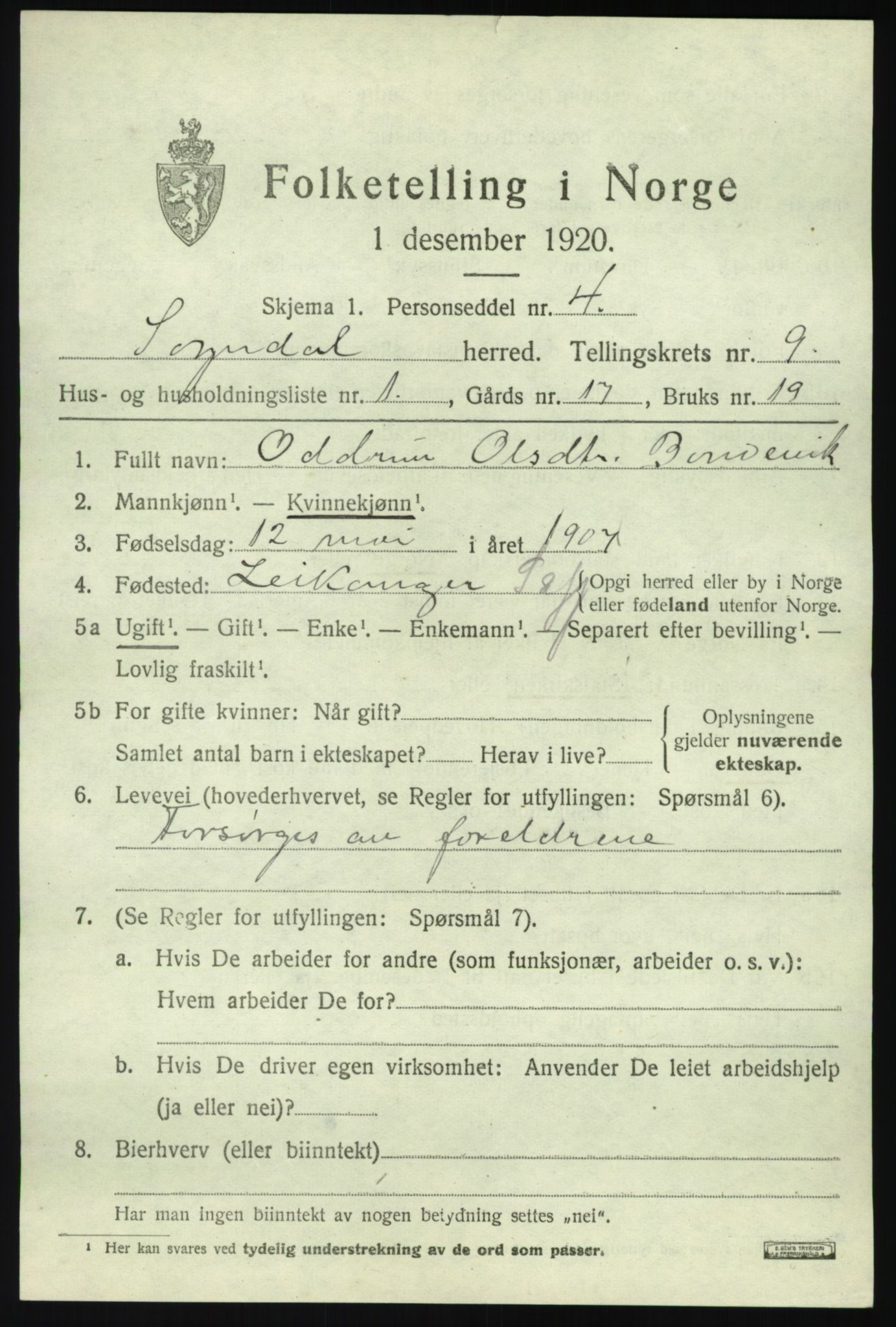 SAB, 1920 census for Sogndal, 1920, p. 4225