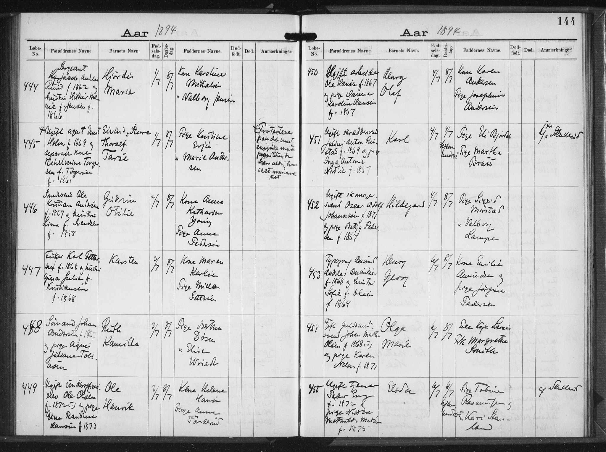 Rikshospitalet prestekontor Kirkebøker, AV/SAO-A-10309b/K/L0004/0001: Baptism register no. 4.1, 1892-1895, p. 144