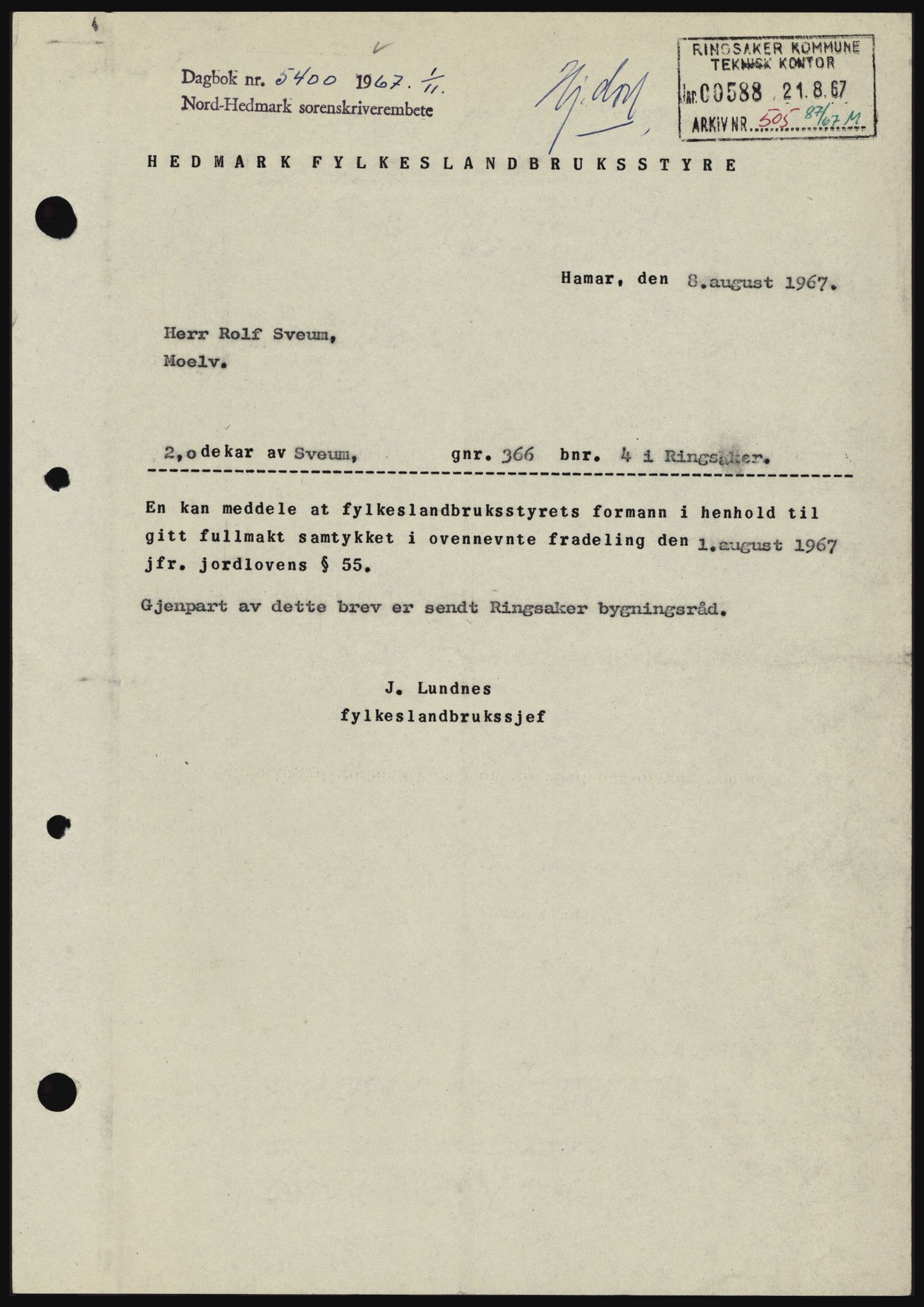 Nord-Hedmark sorenskriveri, SAH/TING-012/H/Hc/L0027: Mortgage book no. 27, 1967-1968, Diary no: : 5400/1967