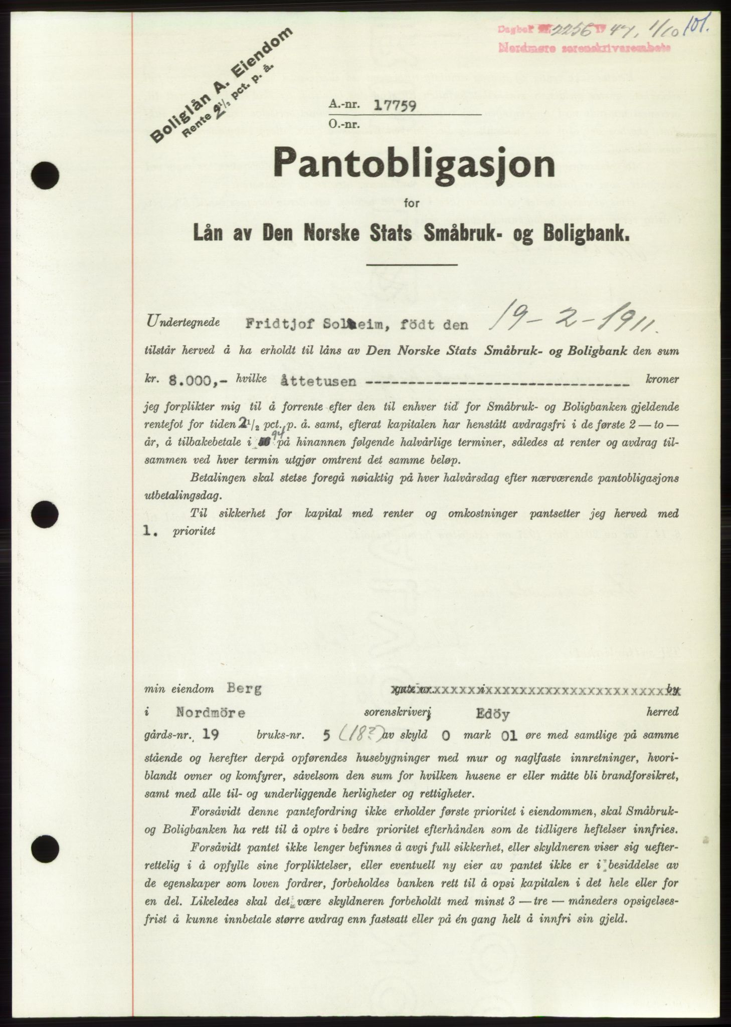 Nordmøre sorenskriveri, AV/SAT-A-4132/1/2/2Ca: Mortgage book no. B97, 1947-1948, Diary no: : 2256/1947