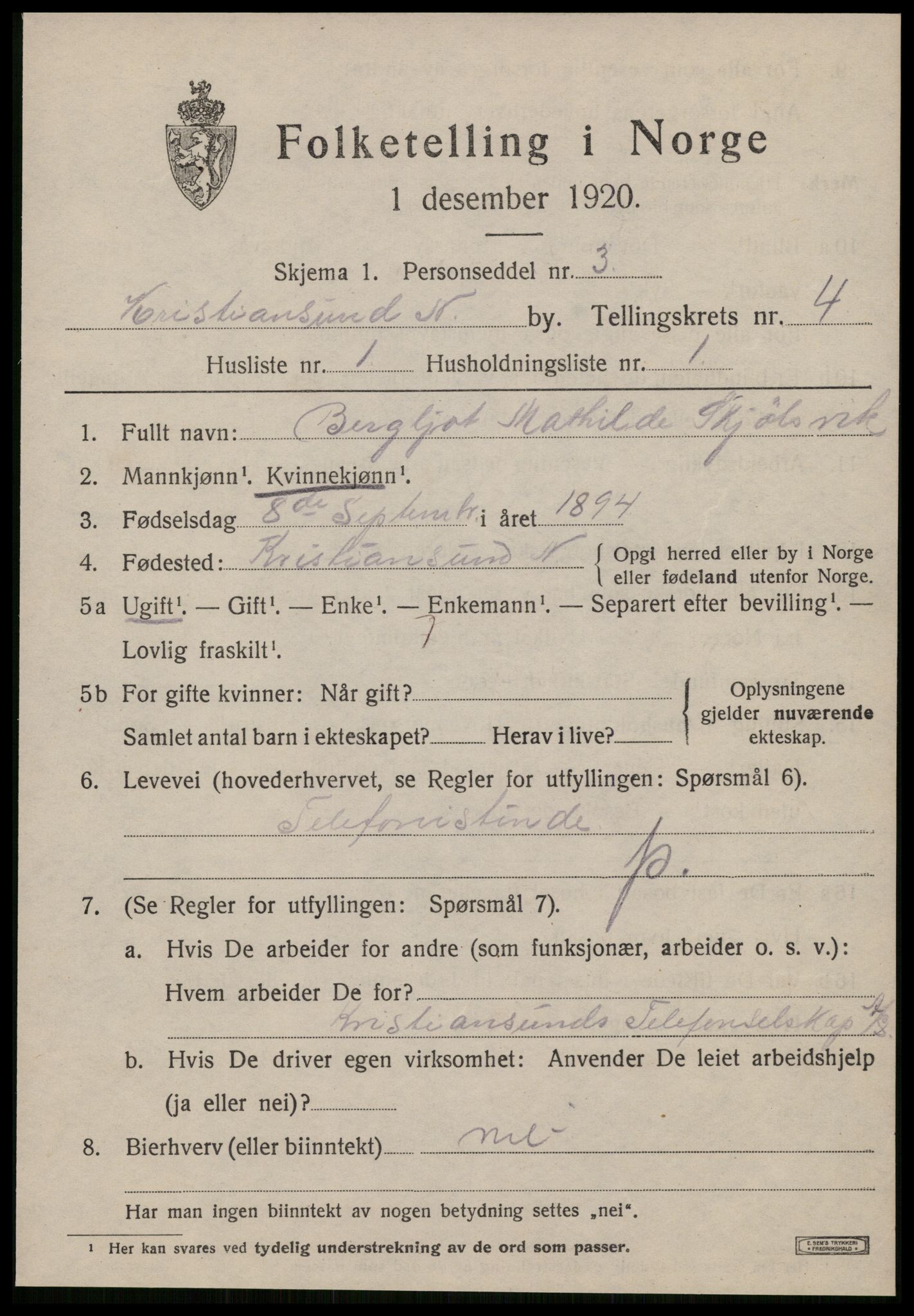 SAT, 1920 census for Kristiansund, 1920, p. 14891