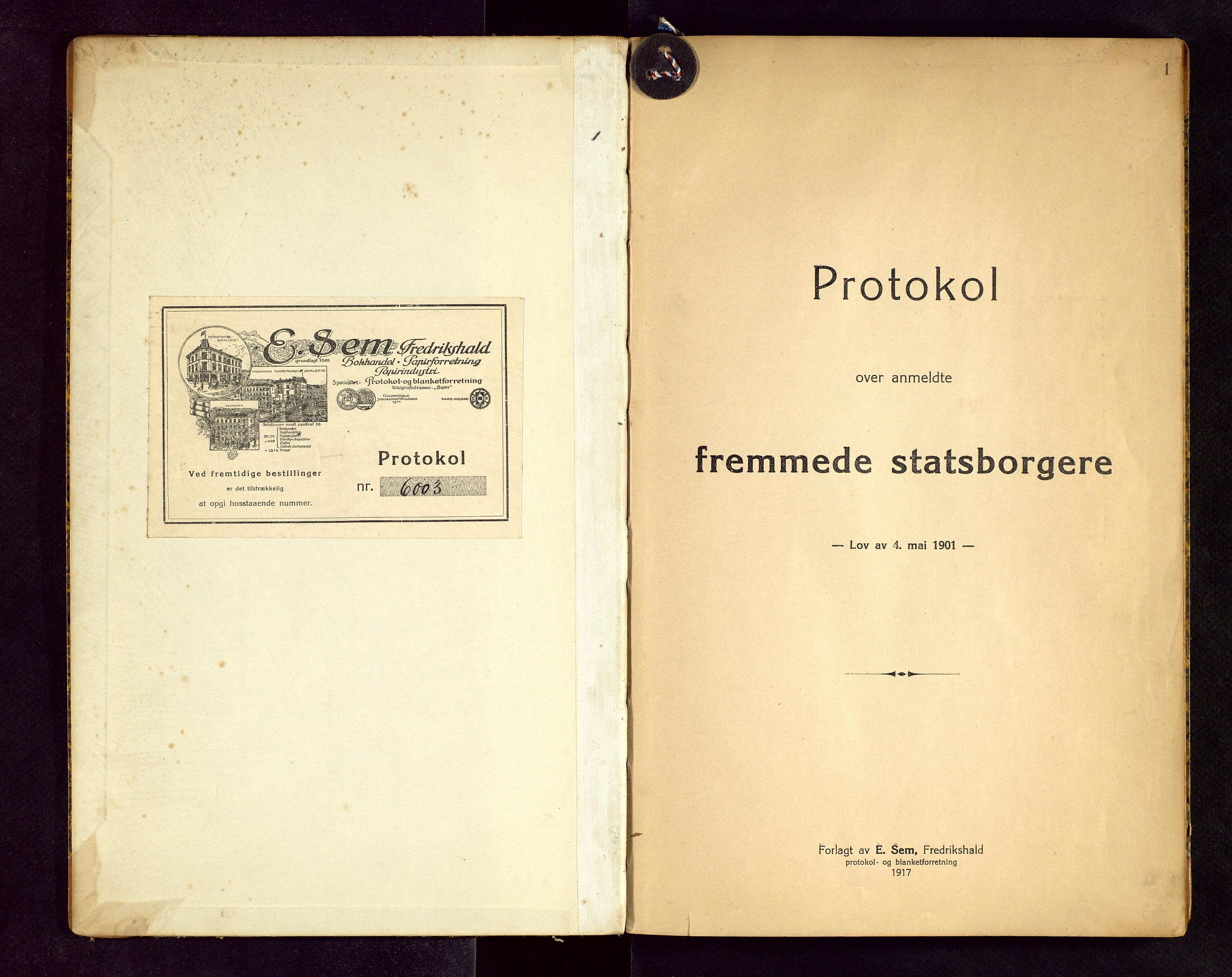 Bjerkreim lensmannskontor, SAST/A-100090/Fe/L0002: "Protokol over anmeldte fremmede statsborgere", 1918-1936, p. 1