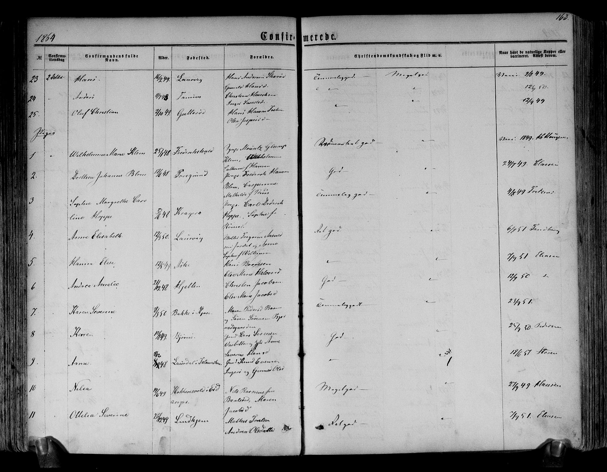 Brunlanes kirkebøker, AV/SAKO-A-342/F/Fa/L0005: Parish register (official) no. I 5, 1862-1877, p. 163