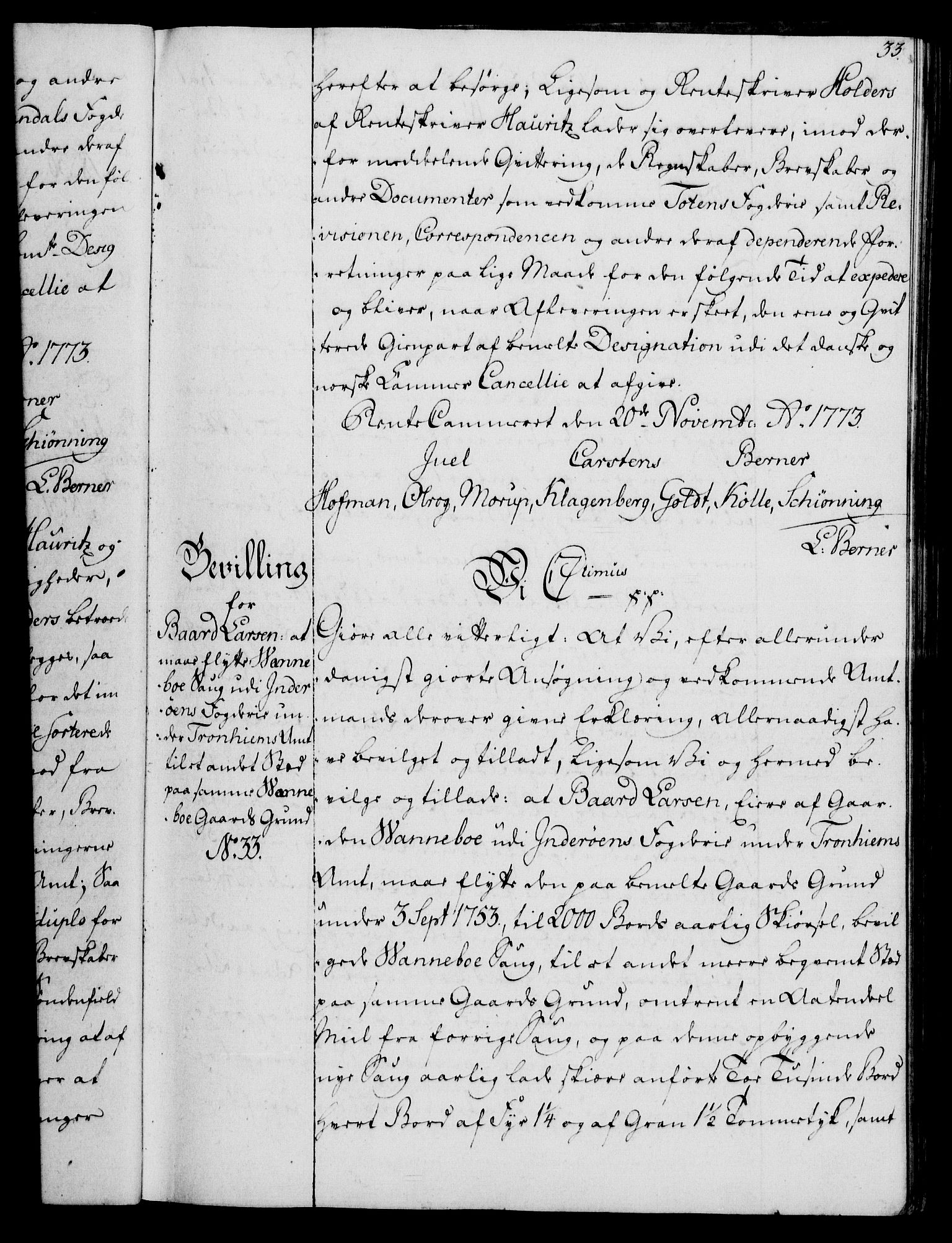 Rentekammeret, Kammerkanselliet, RA/EA-3111/G/Gg/Gga/L0010: Norsk ekspedisjonsprotokoll med register (merket RK 53.10), 1773-1778, p. 33