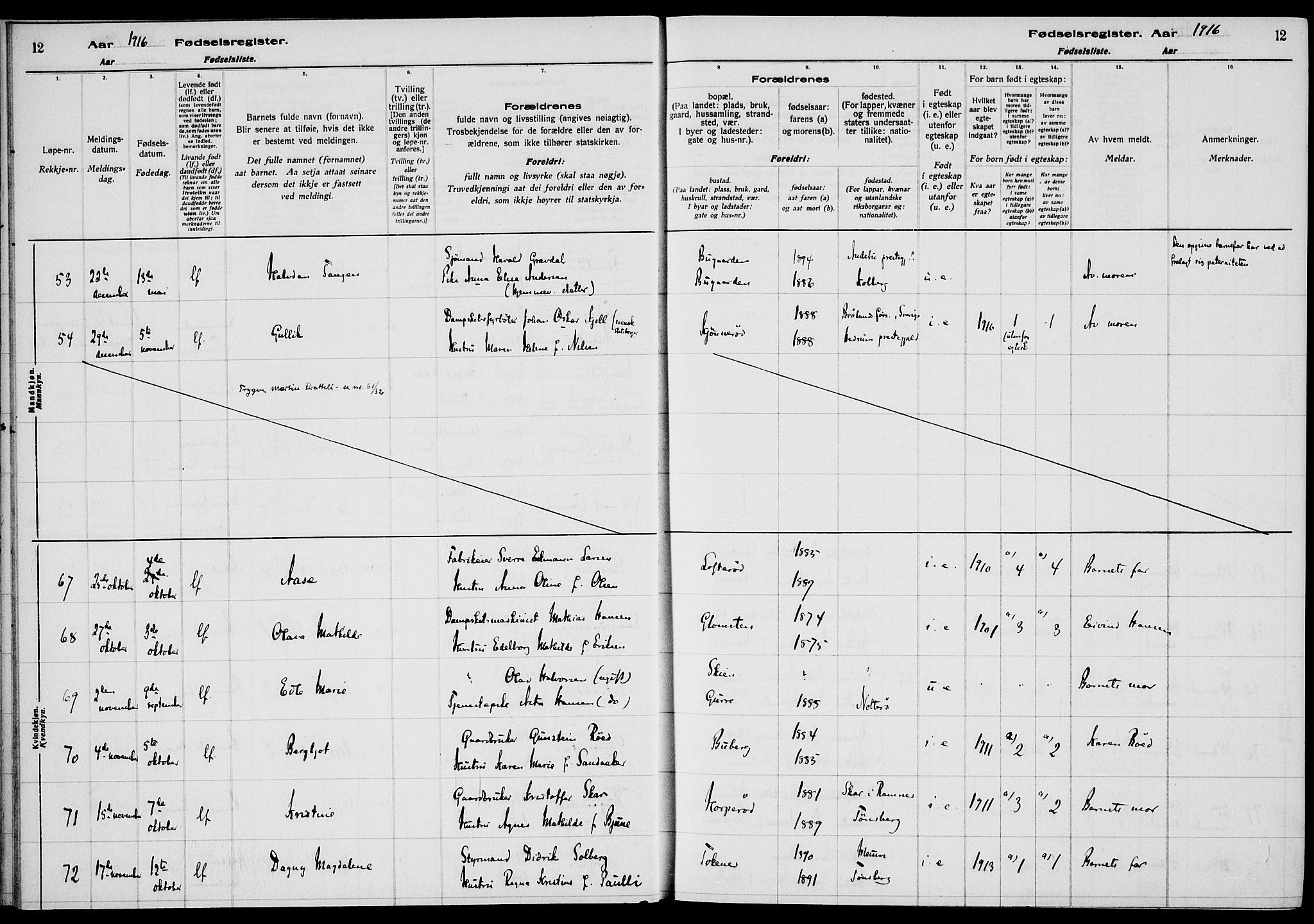 Nøtterøy kirkebøker, AV/SAKO-A-354/J/Ja/L0001: Birth register no. 1, 1916-1928, p. 12