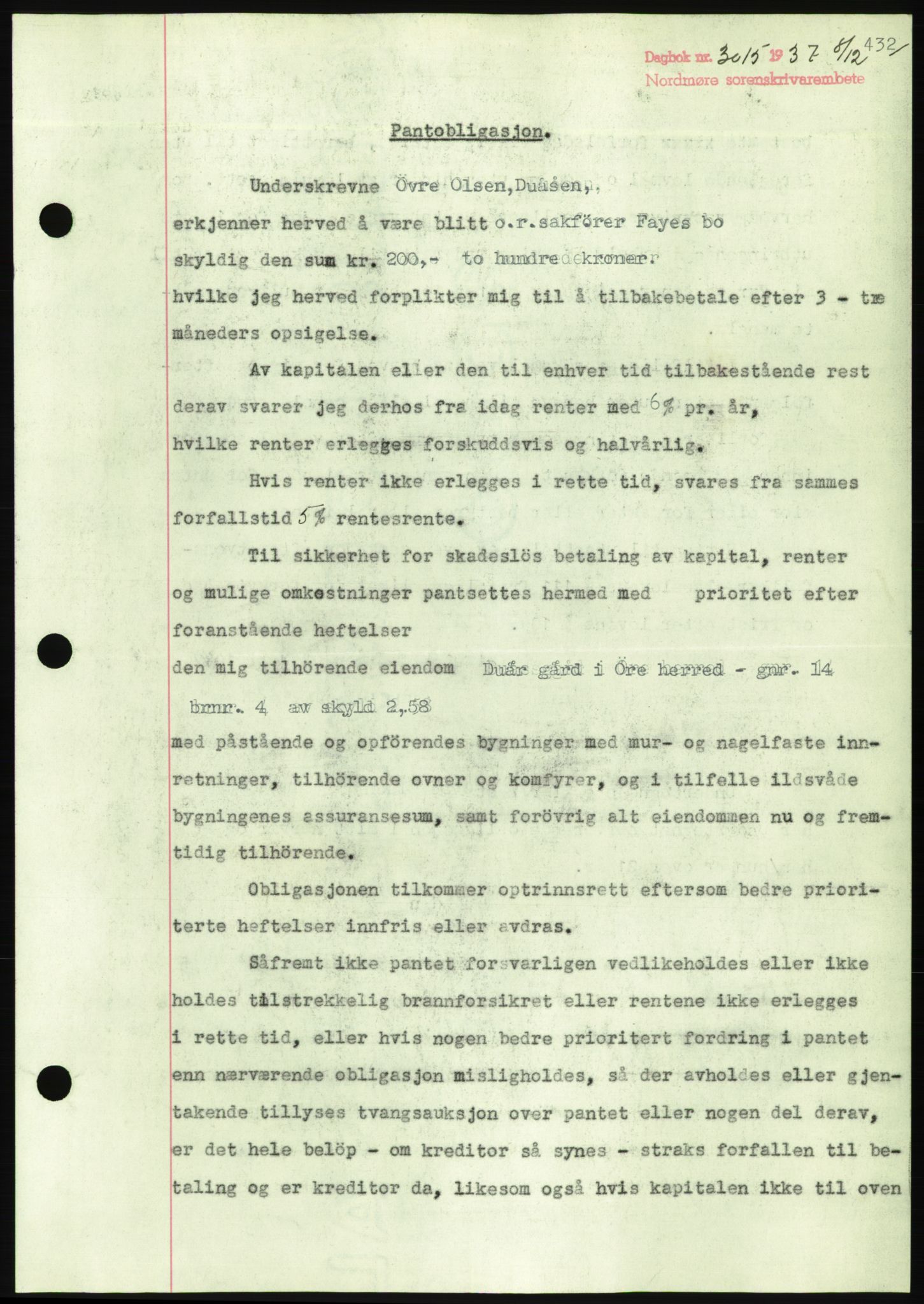 Nordmøre sorenskriveri, AV/SAT-A-4132/1/2/2Ca/L0092: Mortgage book no. B82, 1937-1938, Diary no: : 3015/1937