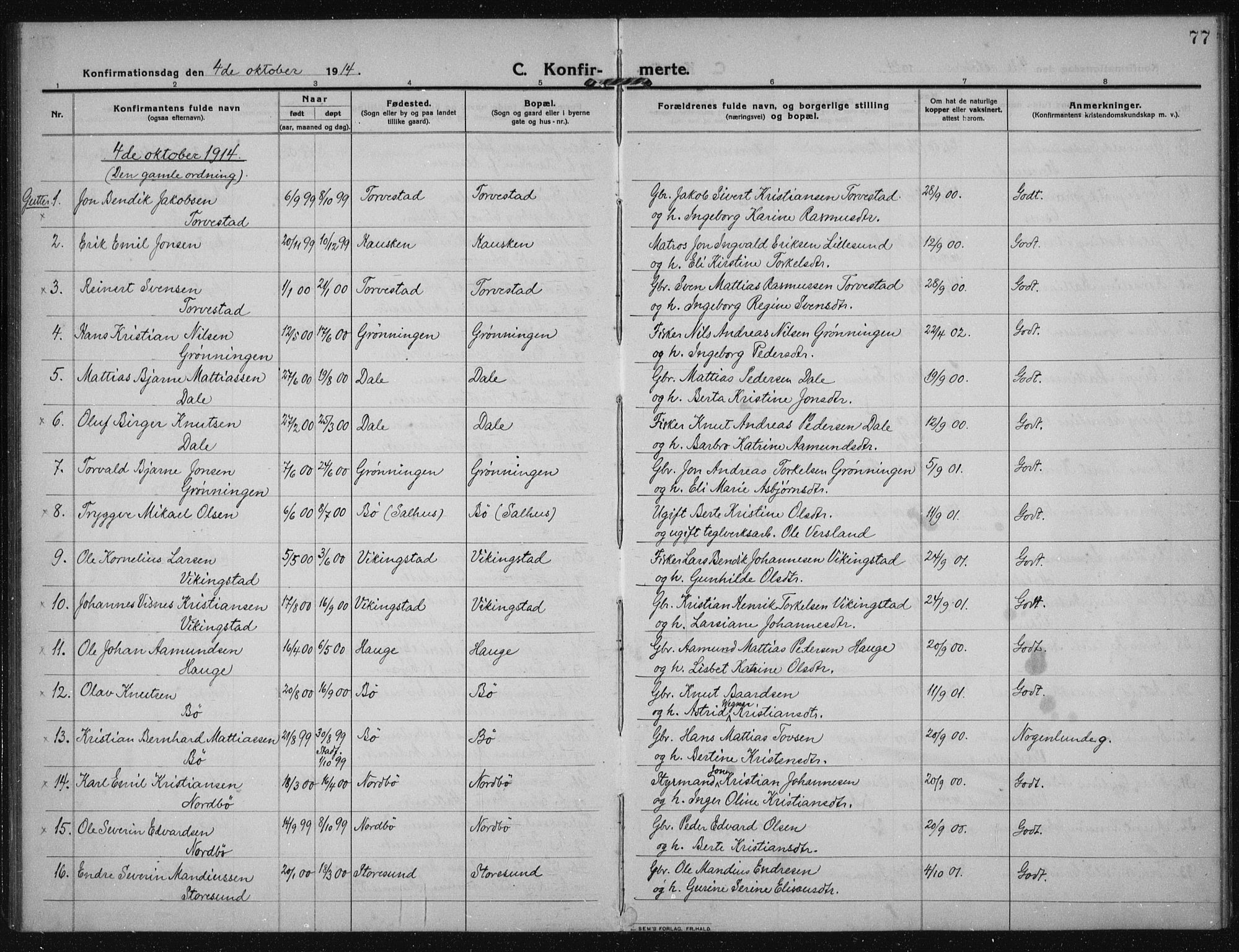 Torvastad sokneprestkontor, SAST/A -101857/H/Ha/Haa/L0019: Parish register (official) no. A 18, 1912-1920, p. 77