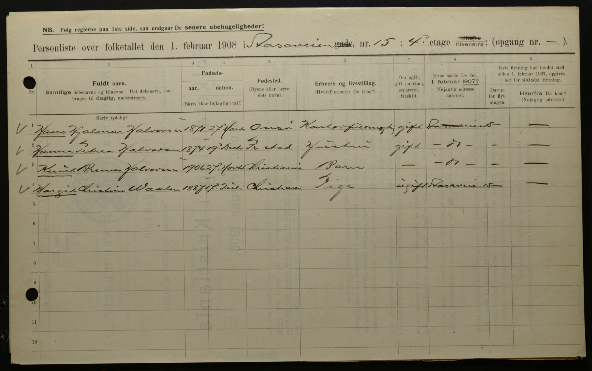 OBA, Municipal Census 1908 for Kristiania, 1908, p. 117695