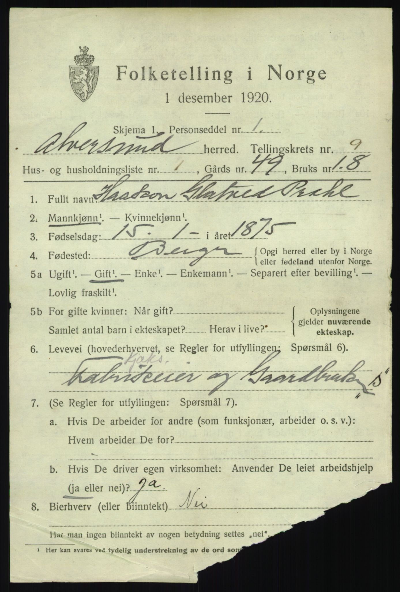SAB, 1920 census for Alversund, 1920, p. 5310